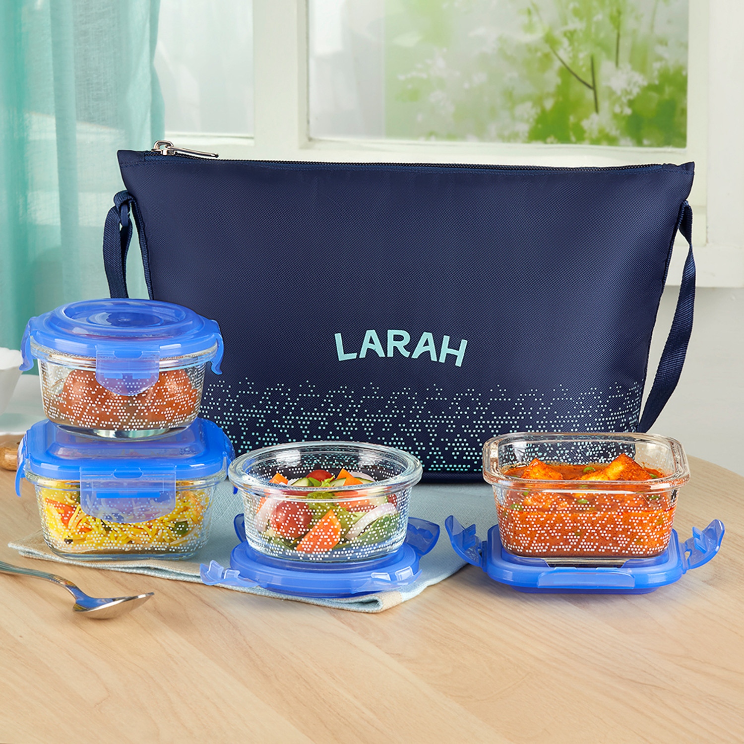 Image of Larah by Borosil Speckle Blue Daisy Borosilicate Glass Lunchbox, 4pc Set (320ml x 2 + 240ml x 2) 4 Containers Glass Office Lunch Box