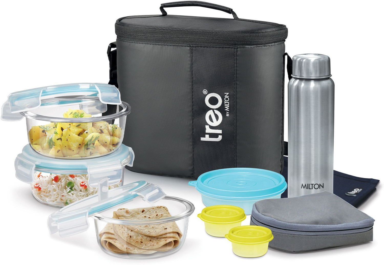 Image of TREO All Weather Glass Round Tiffin Set of 8, Carry Jacket & Steel Bottle, Black 6 Containers Glass Office Lunch Box