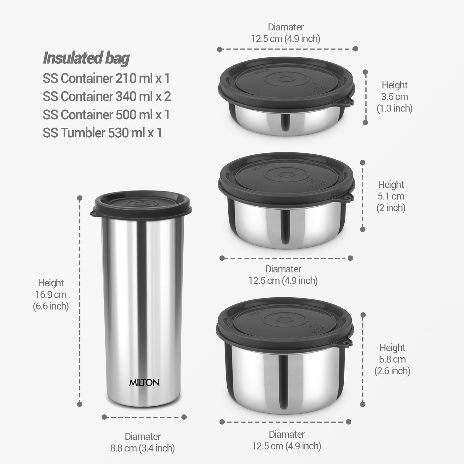 Image of MILTON Tasty 4 Stainless Steel Combo Lunch Box (200ml, 2 - 350ml Each, 500ml) & Tumbler 4 Containers Stainless Steel Office Lunch Box