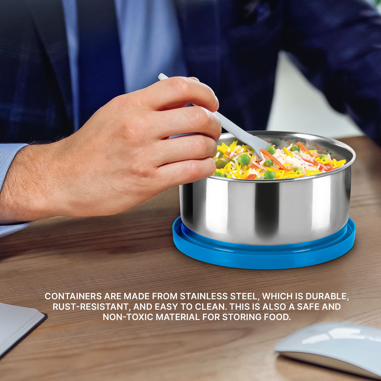 Image of MILTON Master Lunch Max (3 Containers,1 x 675 ml, 2 X 280 ml each) With Jacket, Blue 3 Containers Stainless Steel Office Lunch Box (1235 ml)