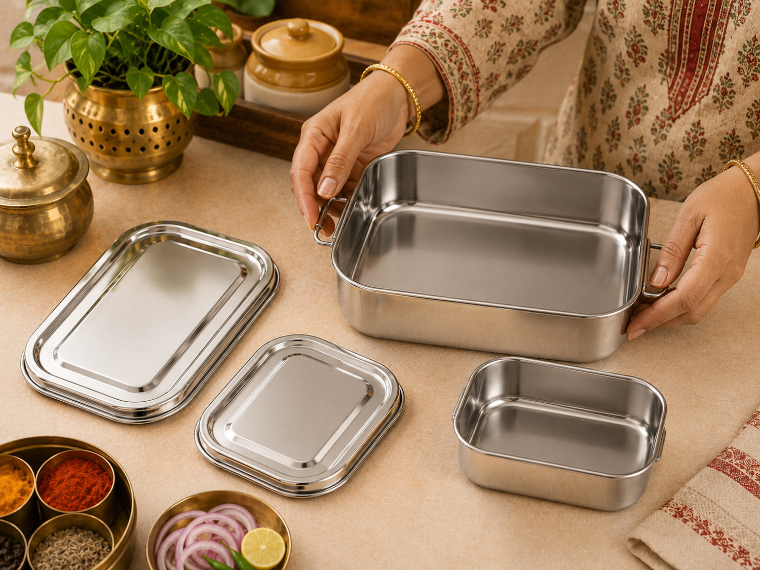 Image of kwi Steel Lunch Box Rectangular 2 Containers Stainless Steel School Lunch Box