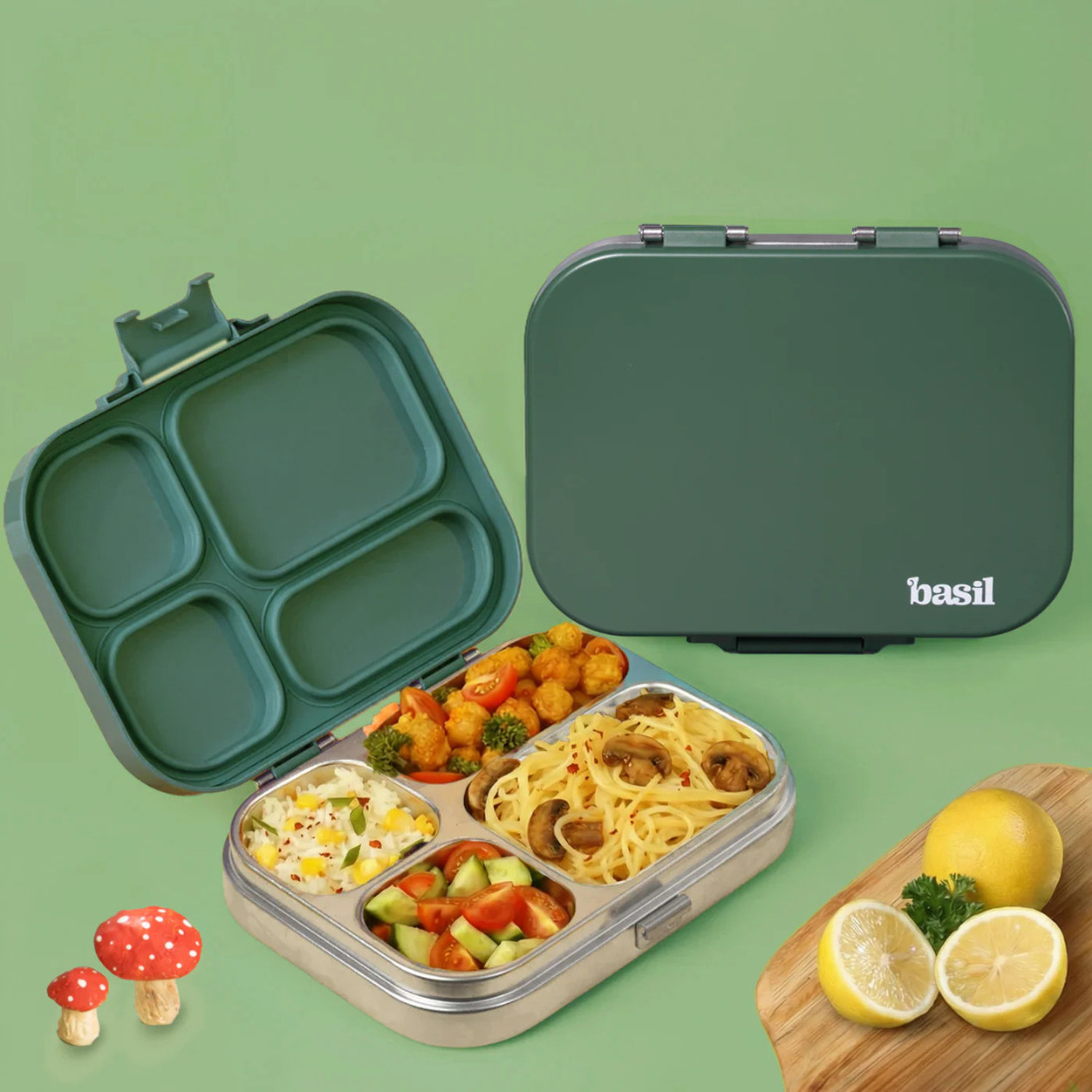 Image of BASIL Stainless Steel 4 Compartment Bento Lunch Box, BPA-Free Lid, 800ml - Wild Wood 4 Containers Stainless Steel Office Lunch Box