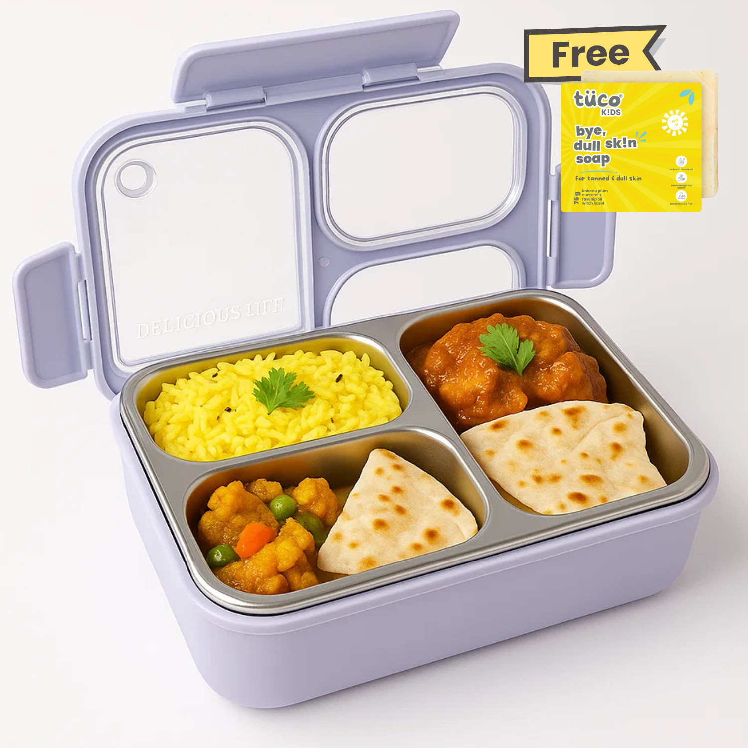 Image of TuCo Kids Lunch Box and Dull Skin Soap 3 Containers Stainless Steel School Lunch Box