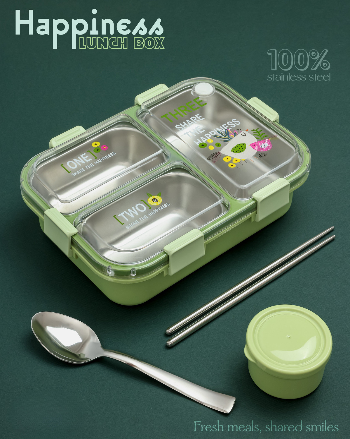 Image of Boxito HAPPINESS 3 Containers Stainless Steel School Lunch Box