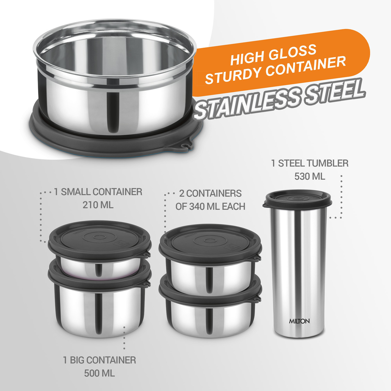 Image of MILTON Tasty 4 Stainless Steel Combo Lunch Box (200ml, 2 - 350ml Each, 500ml) & Tumbler 4 Containers Stainless Steel Office Lunch Box