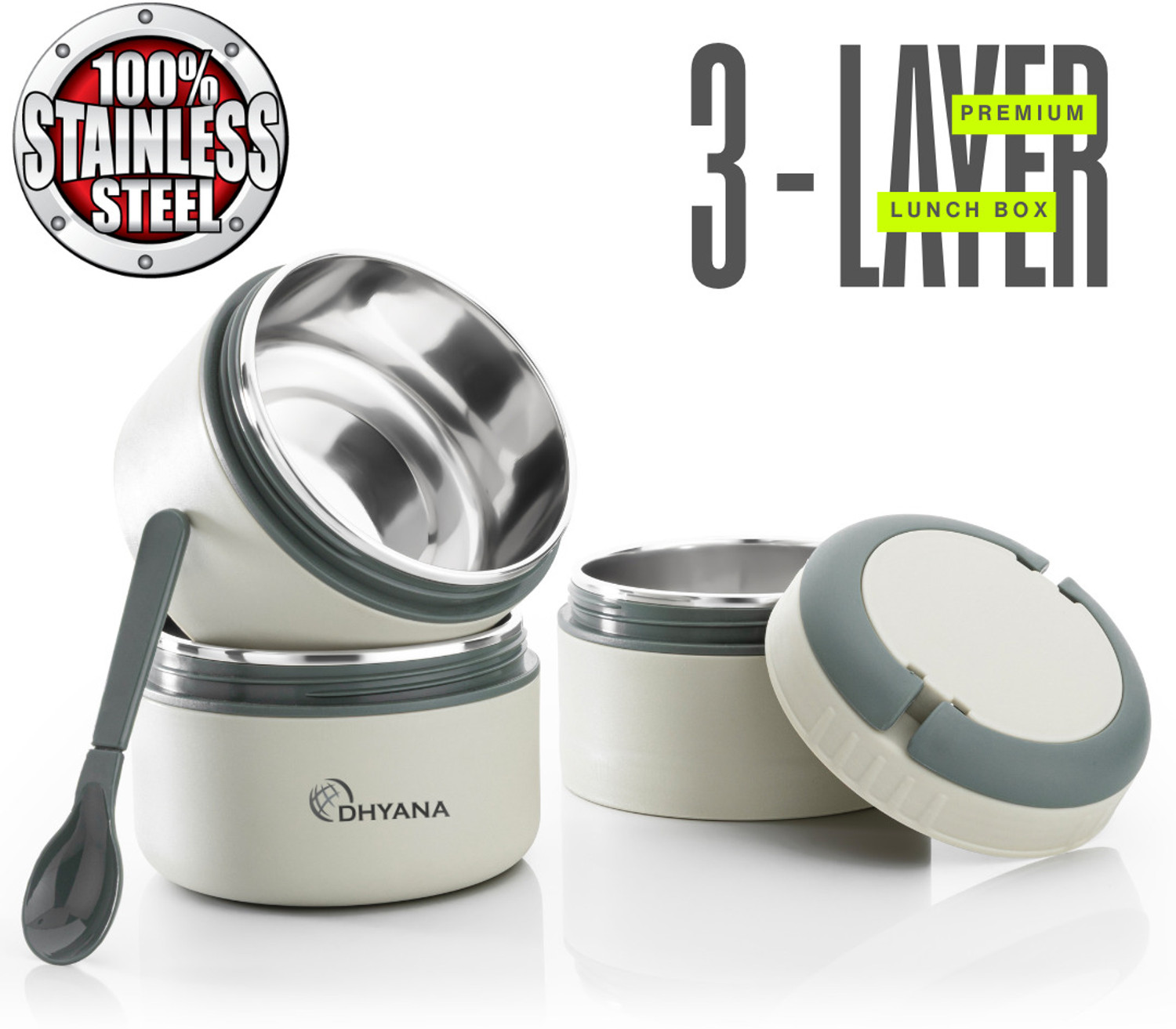 Image of Dhyana DOST 3 Layer Stainless Steel Lunch Box | Airtight Tiffin for Office & Kids 3 Containers Stainless Steel, Plastic Office Lunch Box