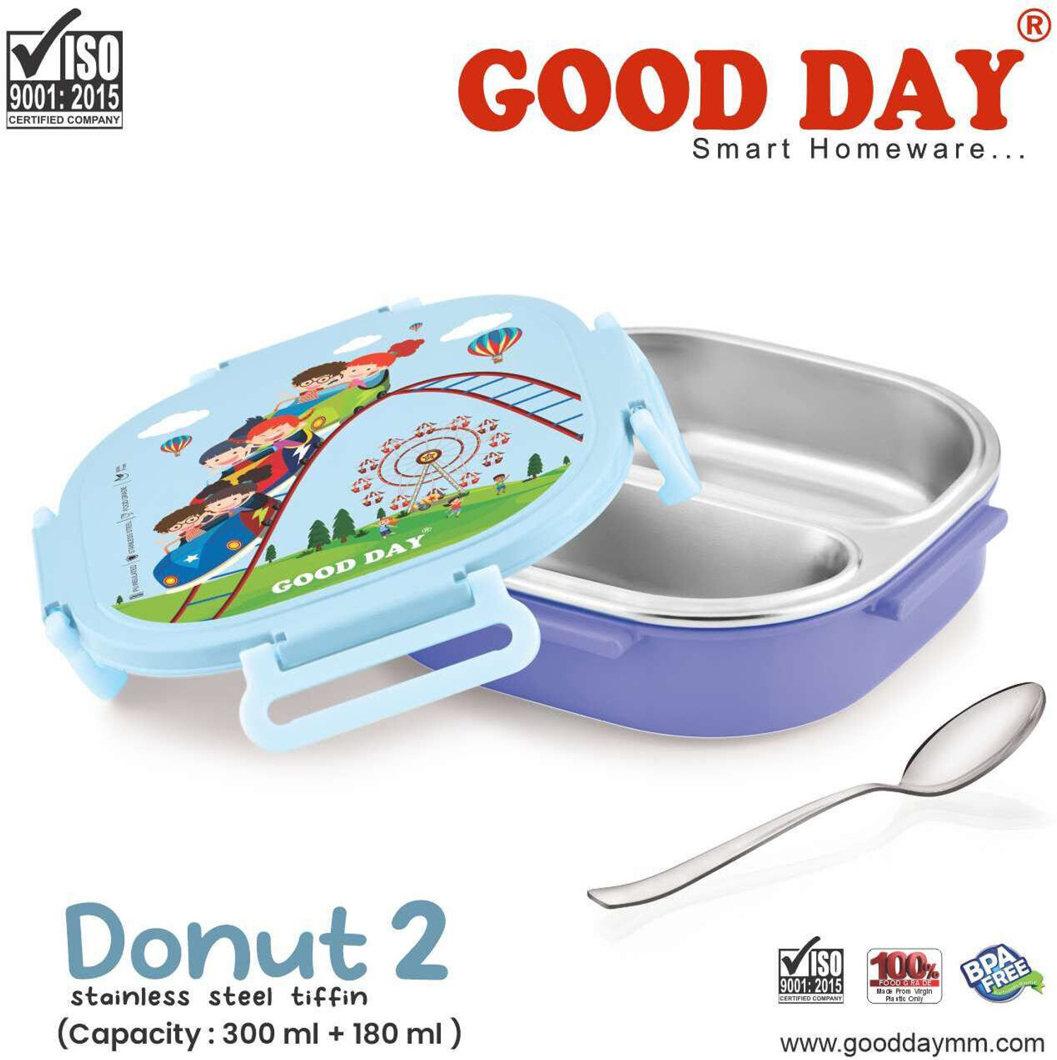 Image of Good Day Donut 2 Insulated Steel Tiffin With Spoon For Kids, School 2 Containers Stainless Steel School Lunch Box
