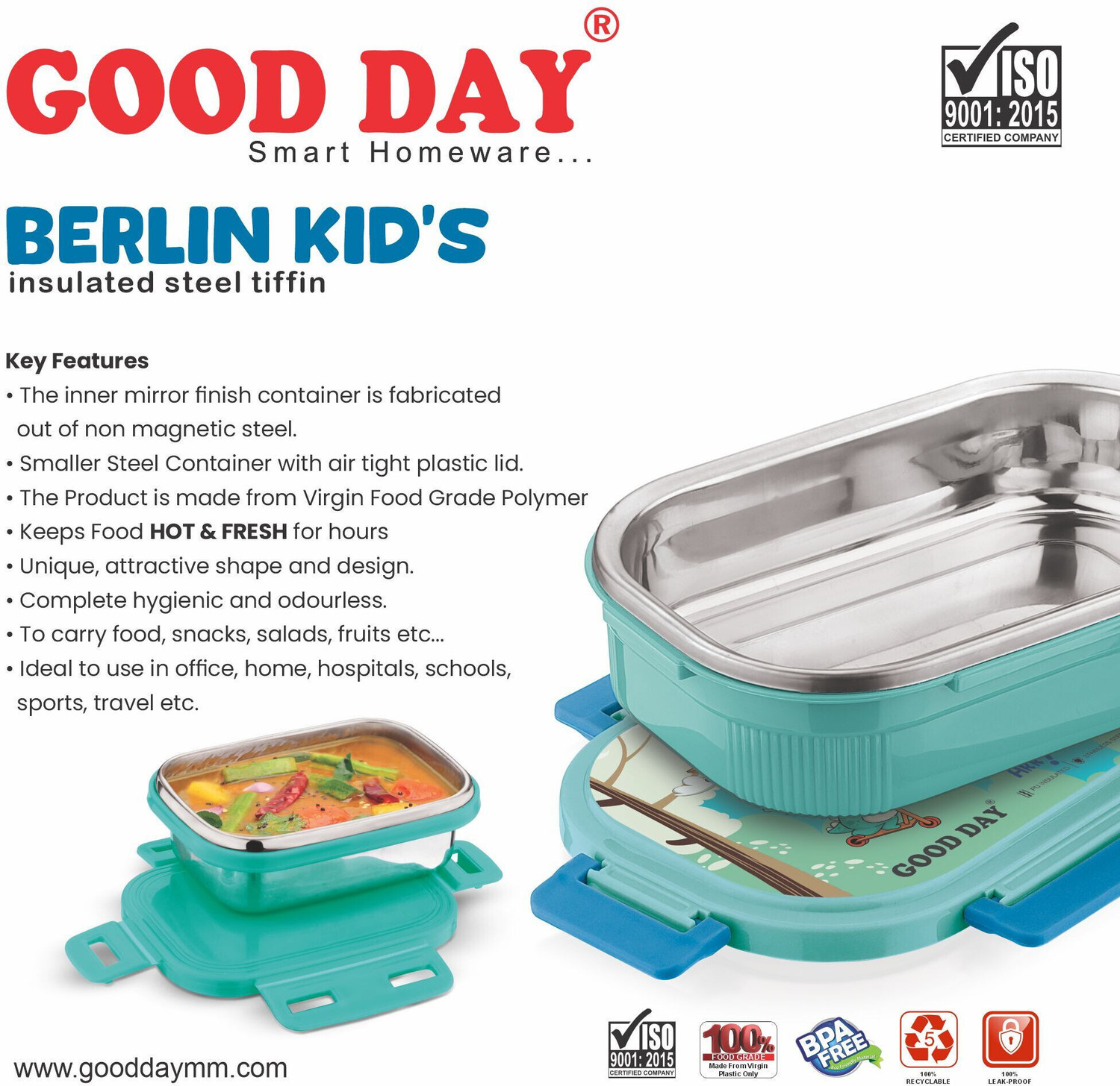 Image of Good Day Berlin Kids Outer plastic inner steel tiffin 2 Containers Plastic School Lunch Box