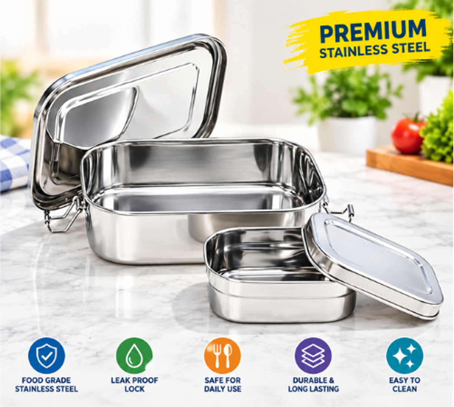 Image of TECHSCOPE Premium Steel Tiffin Box with Inner Containers and Secure Lid 1 Containers Stainless Steel School Lunch Box (750 ml)