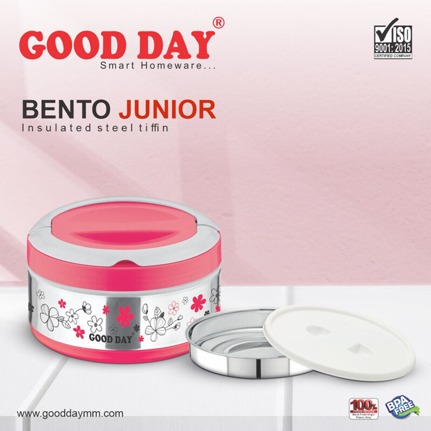 Image of Good Day Bento Jr Insulated Inner Stainless Steel Tiffin Box For Kids 2 Containers Plastic School Lunch Box