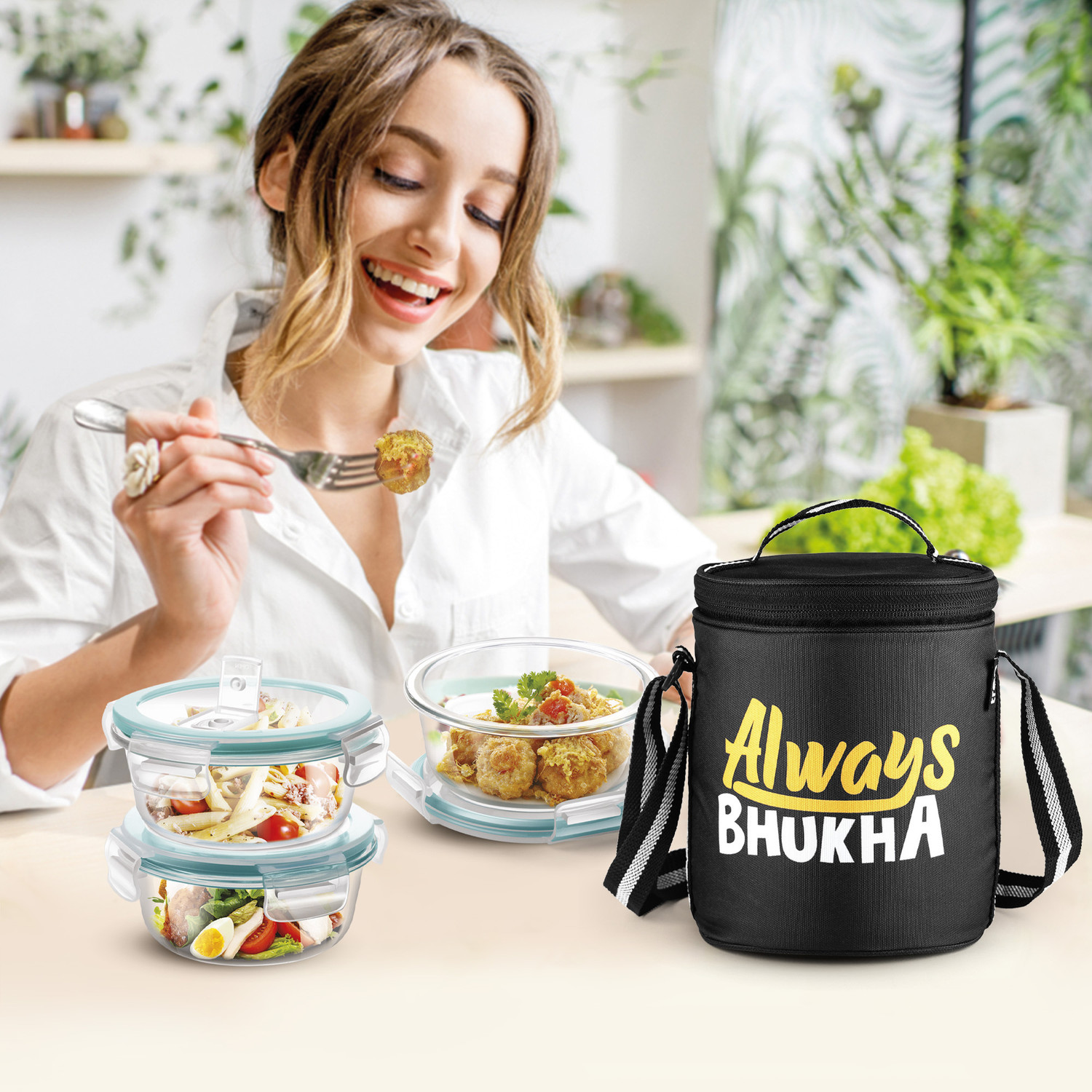 Image of TREO All Fresh Tiffin With Insulated Jacket 3 X 400ml Container, (Always Bhukha) 3 Containers Glass Office Lunch Box