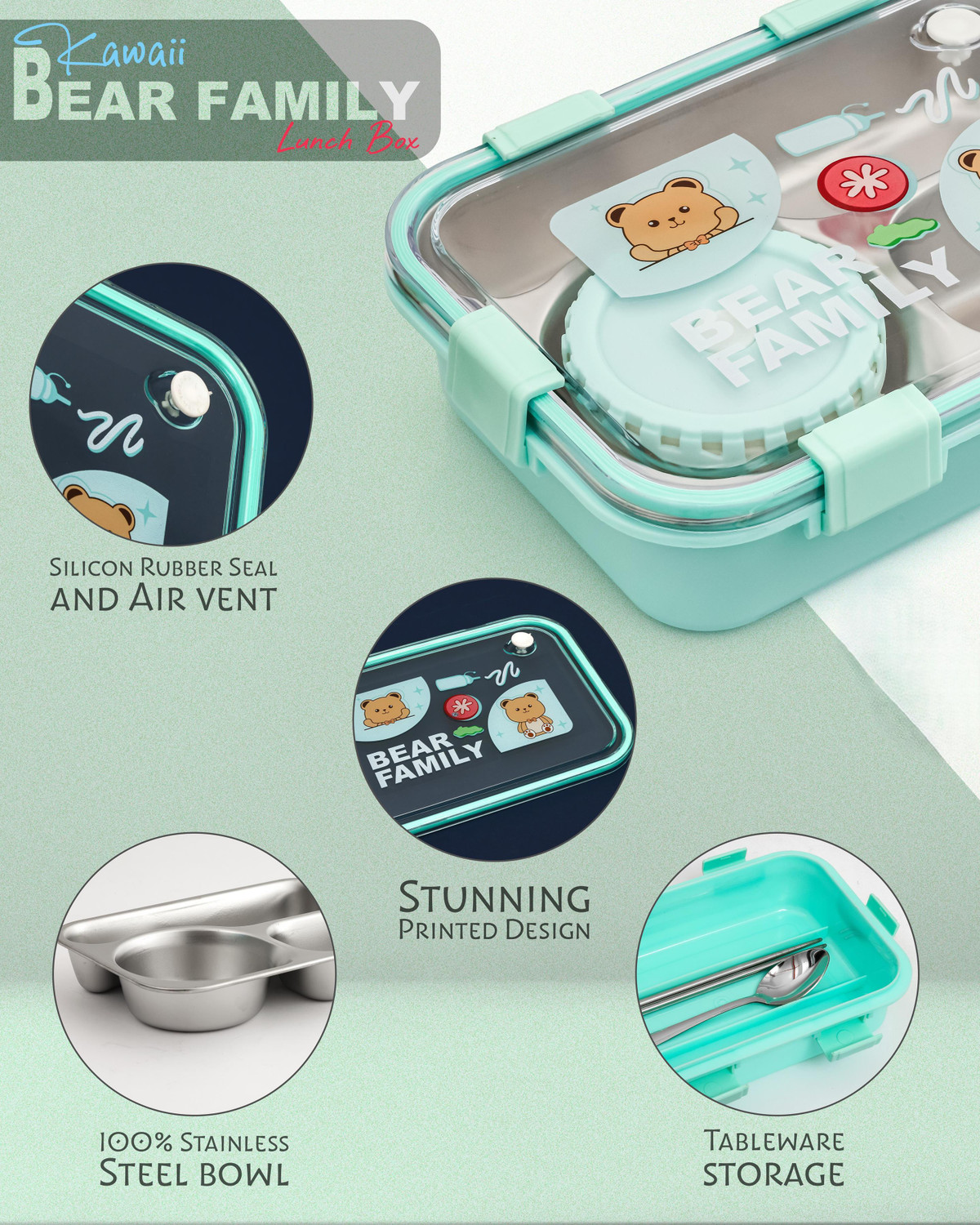 Image of Boxito Bear Family Kawaii Lunch Box 3 Containers Stainless Steel, Plastic, Silicone School Lunch Box