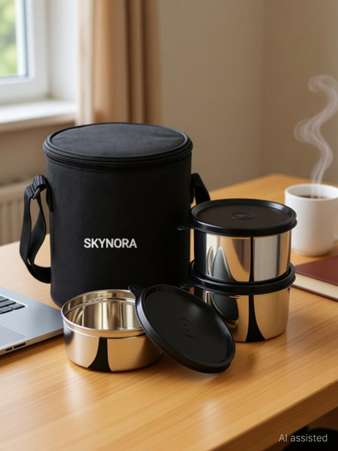 Image of SKYNORA Stainless Steel Lunch Box Containers Size 500mlx2 | 350mlx1 (Black-tiffin box) 2 Containers Stainless Steel Office Lunch Box