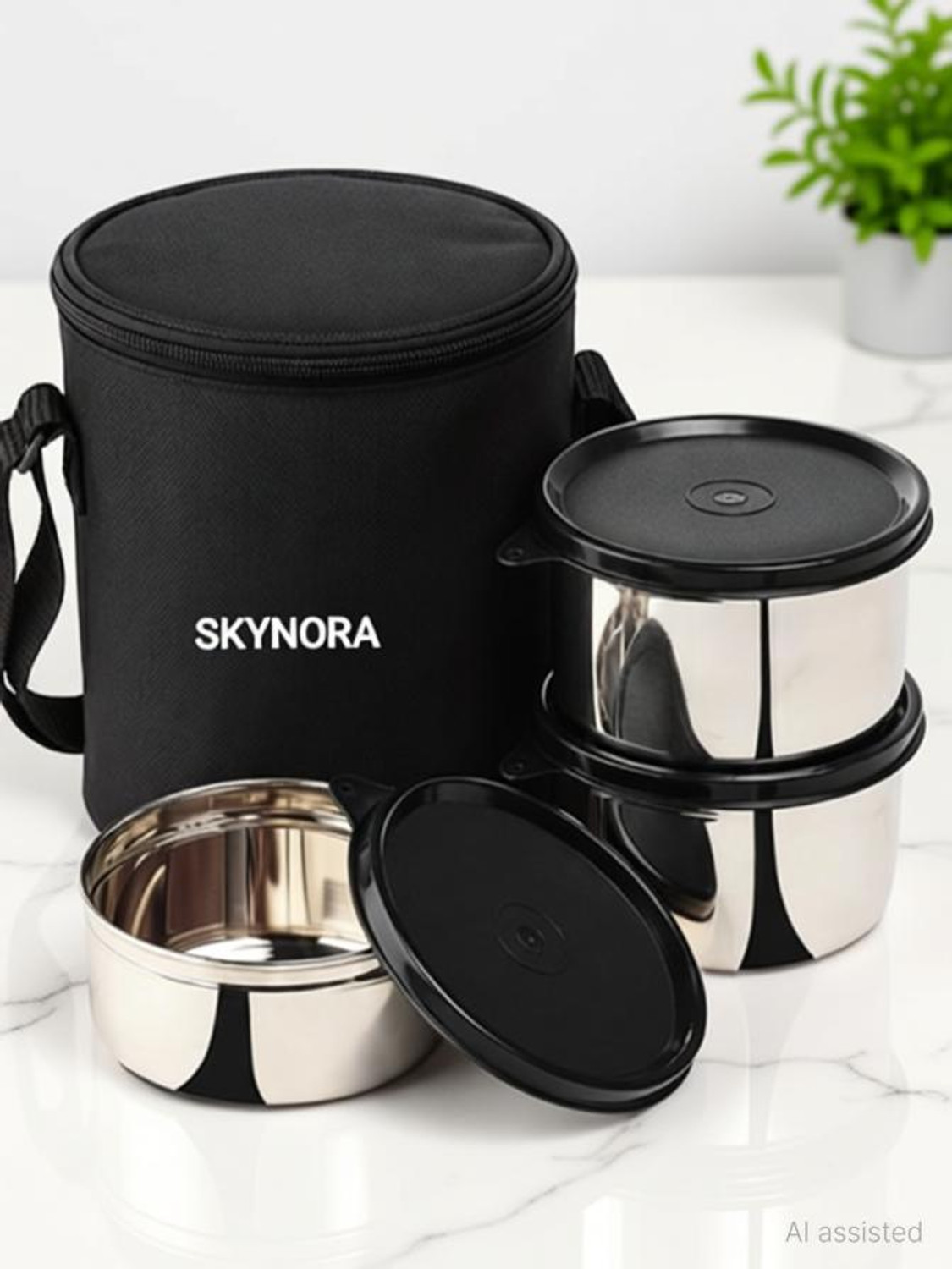 Image of SKYNORA Stainless Steel Lunch Box Containers Size 500mlx2 | 350mlx1 (Black-tiffin box) 2 Containers Stainless Steel Office Lunch Box
