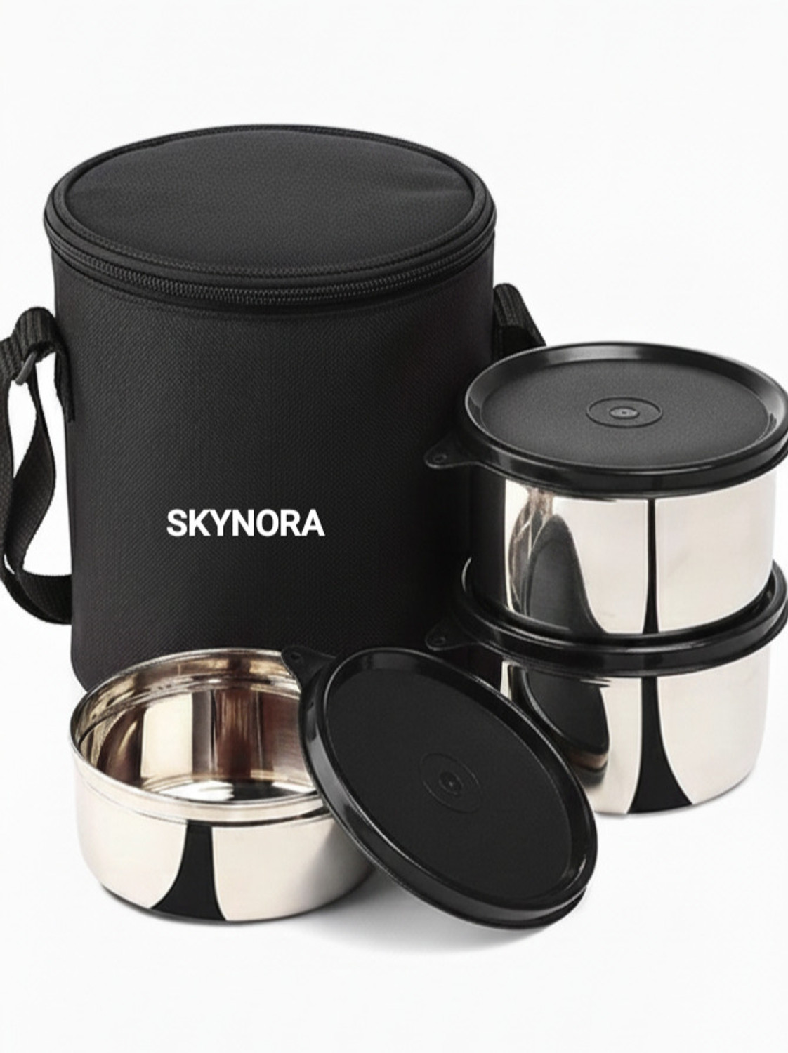 Image of SKYNORA Stainless Steel Lunch Box Containers Size 500mlx2 | 350mlx1 (Black-tiffin box) 2 Containers Stainless Steel Office Lunch Box