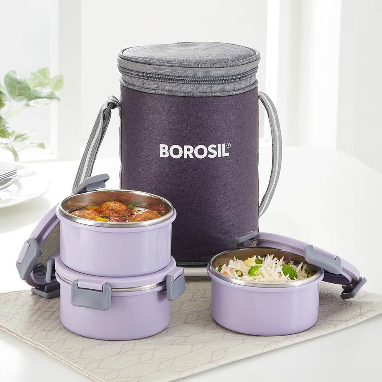 BOROSIL Glory Lavender Microwavable Steel Lunchbox, 3pc (280ml x 3), Office Tiffin 3 Containers Stainless Steel College Lunch Box — Lunch Boxes & Tiffins