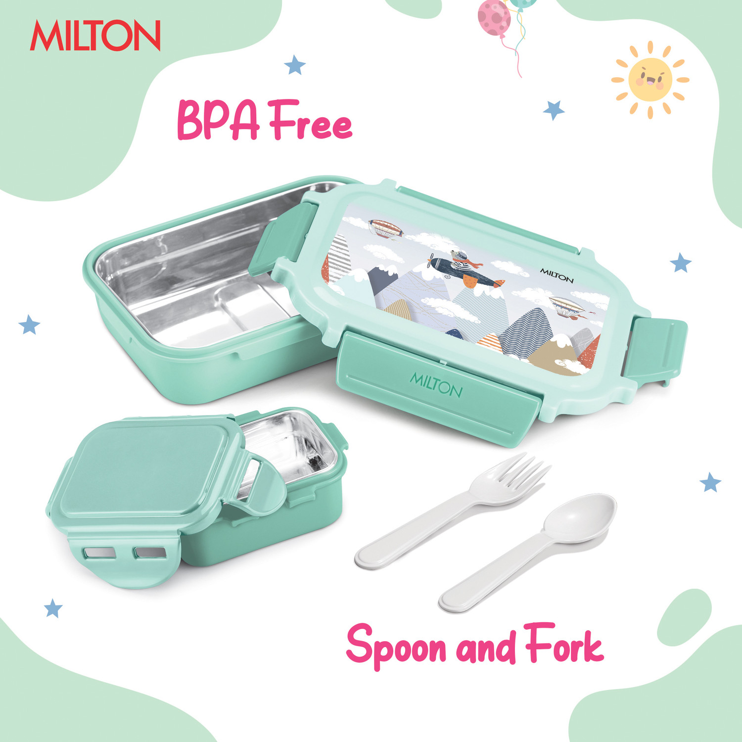 Image of MILTON Sherry Steel Tiffin Lunch with inner Steel Container, Spoon & Fork Mint Green 2 Containers Plastic School Lunch Box (520 ml)