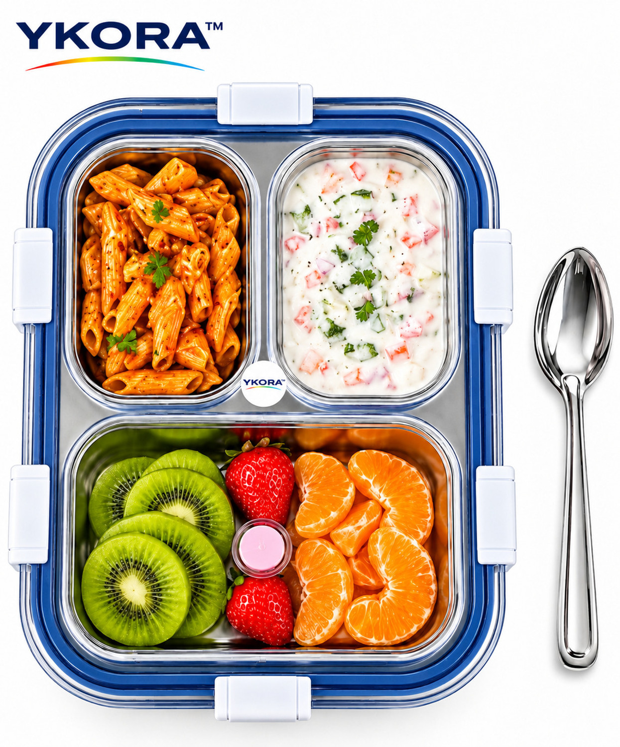 Image of YKORA 3-COMPARTMENT STAINLESS STEEL LUNCH BOX 700+400ML 3 Containers Plastic, Stainless Steel School Lunch Box (1100 ml)