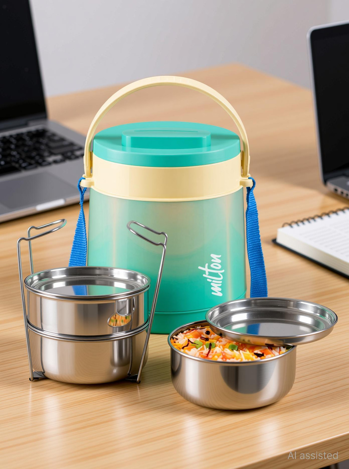 Image of MILTON Gradient Tiffin 3 Steel Tiffin With Lifter, 3 Container 900ml, Aqua Green 3 Containers Stainless Steel Office Lunch Box