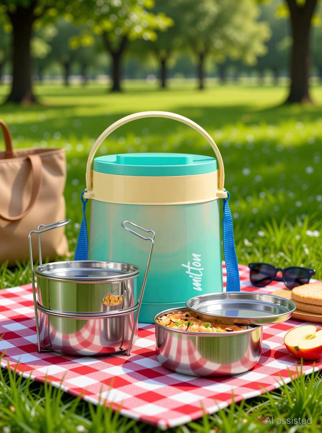 Image of MILTON Gradient Tiffin 3 Steel Tiffin With Lifter, 3 Container 900ml, Aqua Green 3 Containers Stainless Steel Office Lunch Box