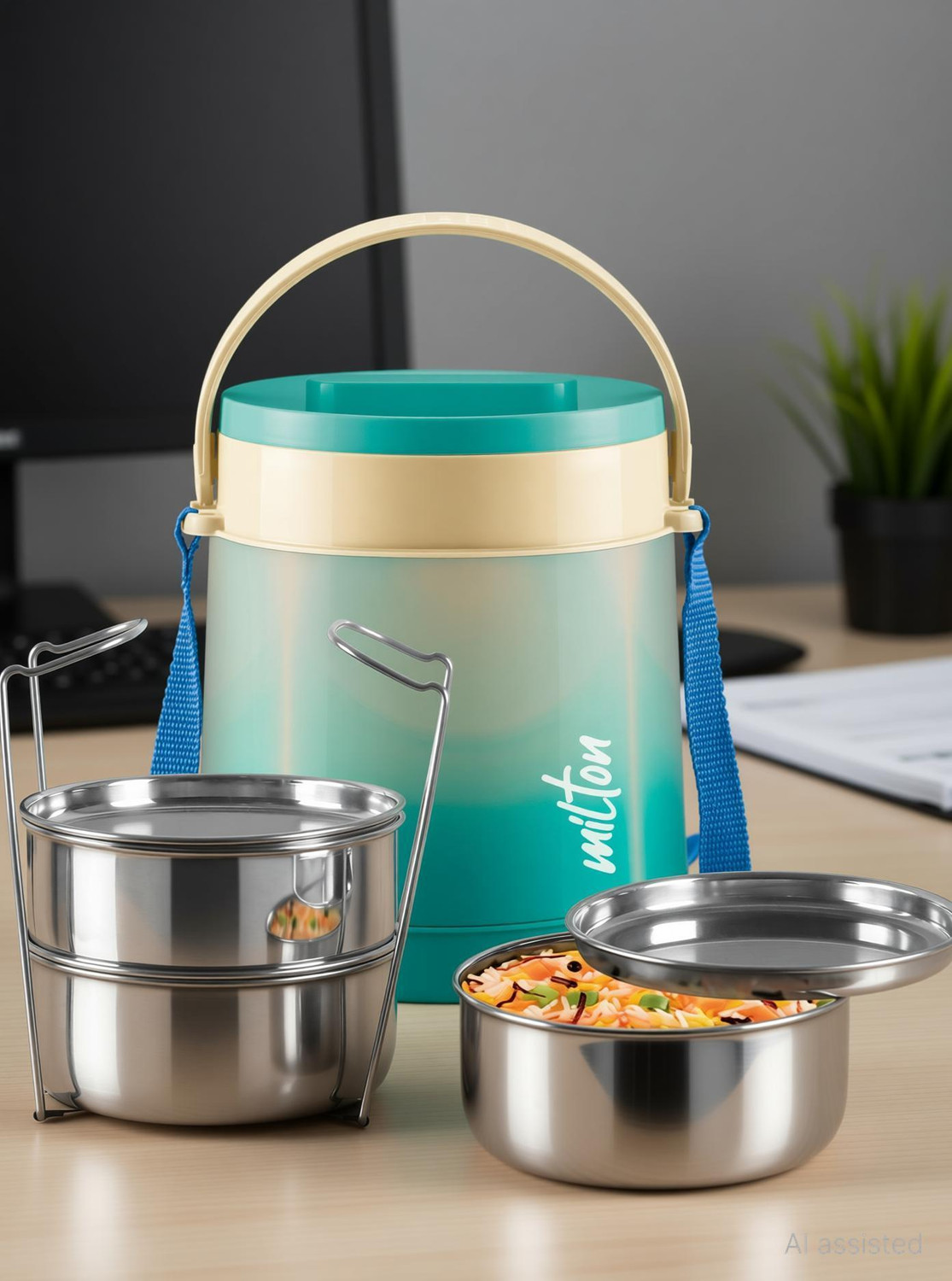 Image of MILTON Gradient Tiffin 3 Steel Tiffin With Lifter, 3 Container 900ml, Aqua Green 3 Containers Stainless Steel Office Lunch Box