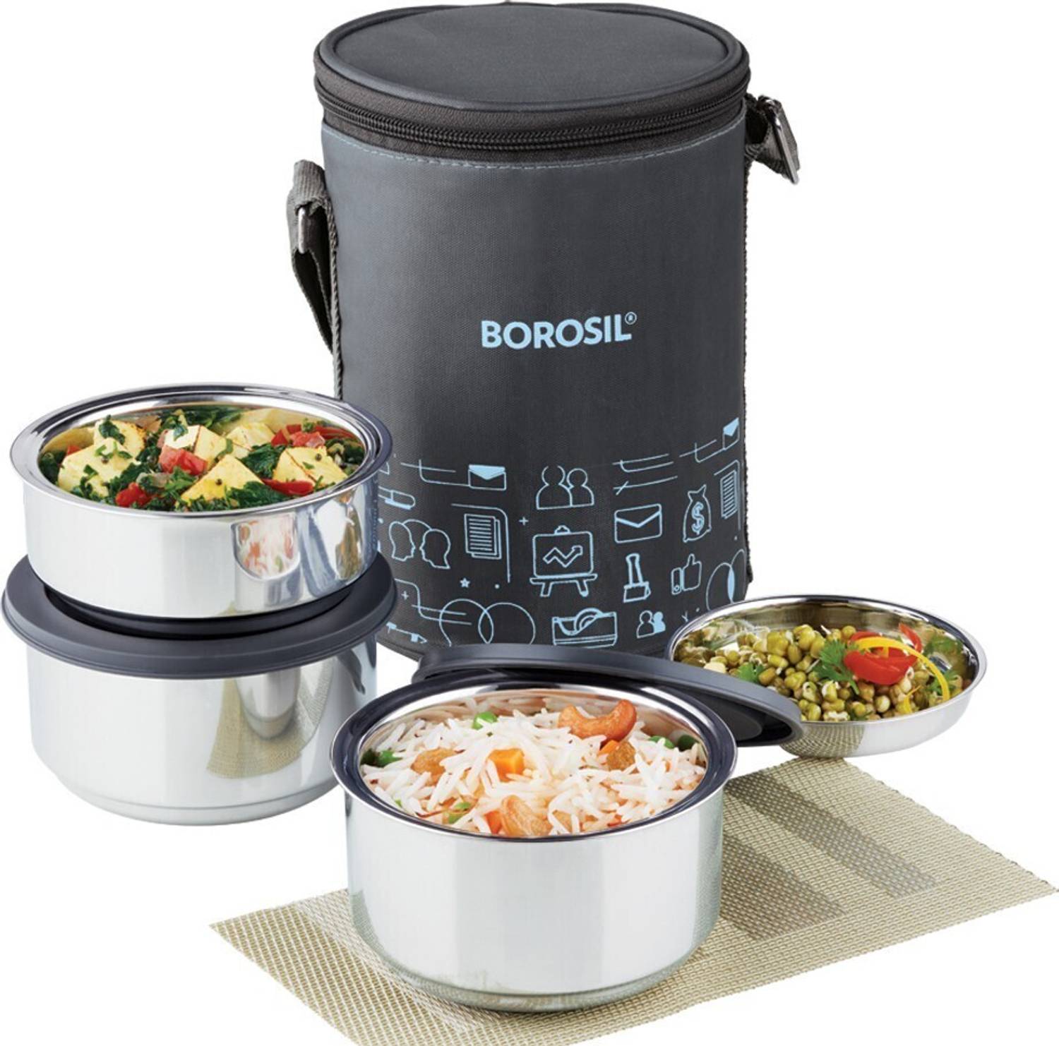 BOROSIL Carry Fresh Lunchbox, 3pc Set (280ml x 2 + 180ml x 1) Steel Tiffin for Office 3 Containers Stainless Steel Office Lunch Box