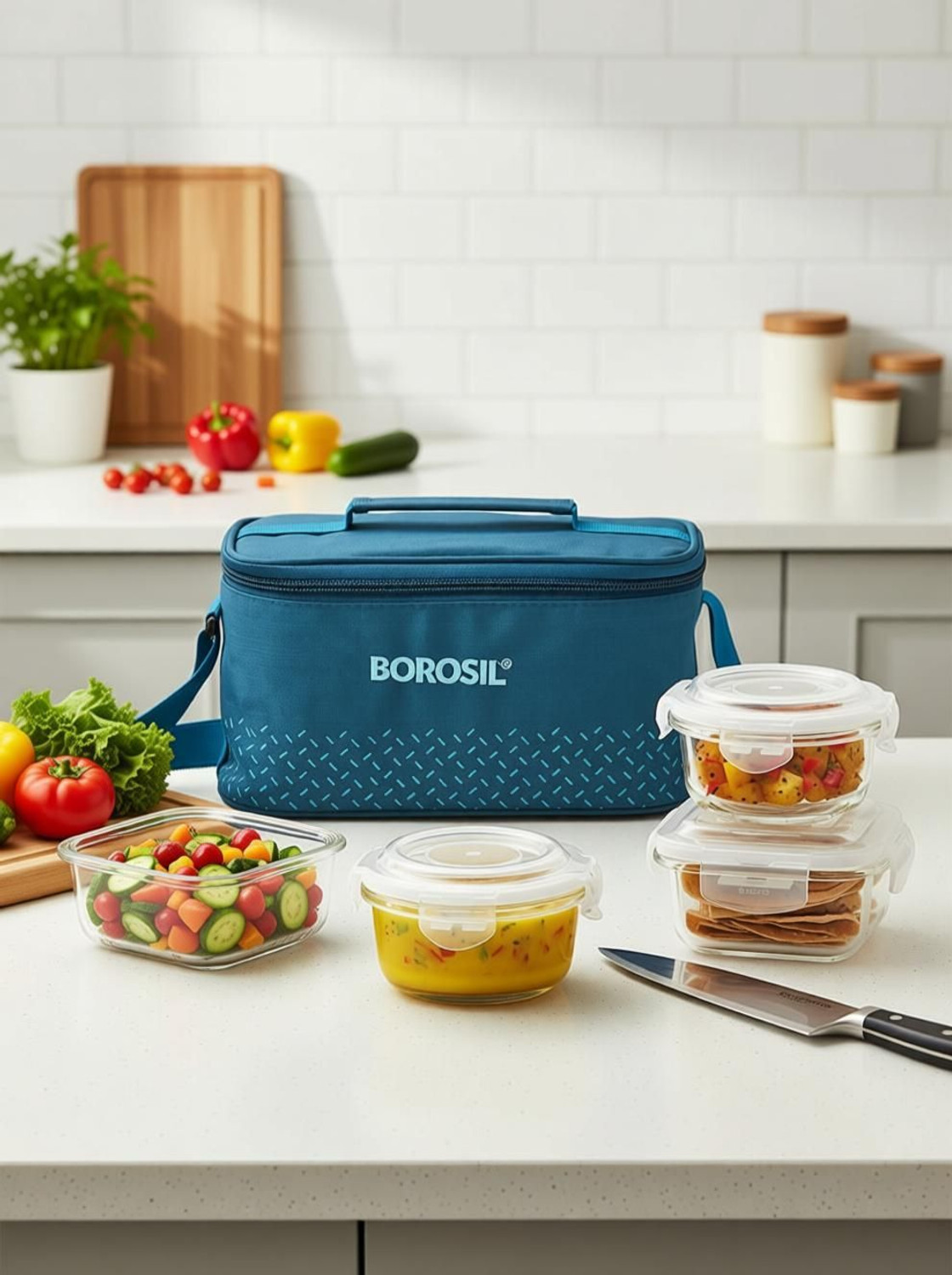 Image of BOROSIL Teal Universal Bag, 4 Pc (320ml x 2 Square + 240ml x 2 Round) Office Tiifin 4 Containers Glass Office Lunch Box (1120 ml)