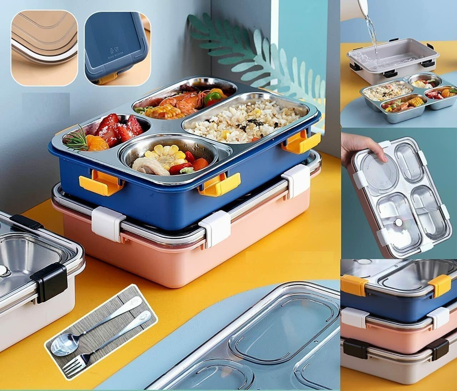 Image of RBGIIT forKidswithSpoonStainlessSteelBoxwith4Compartment 1 Containers Stainless Steel Office Lunch Box