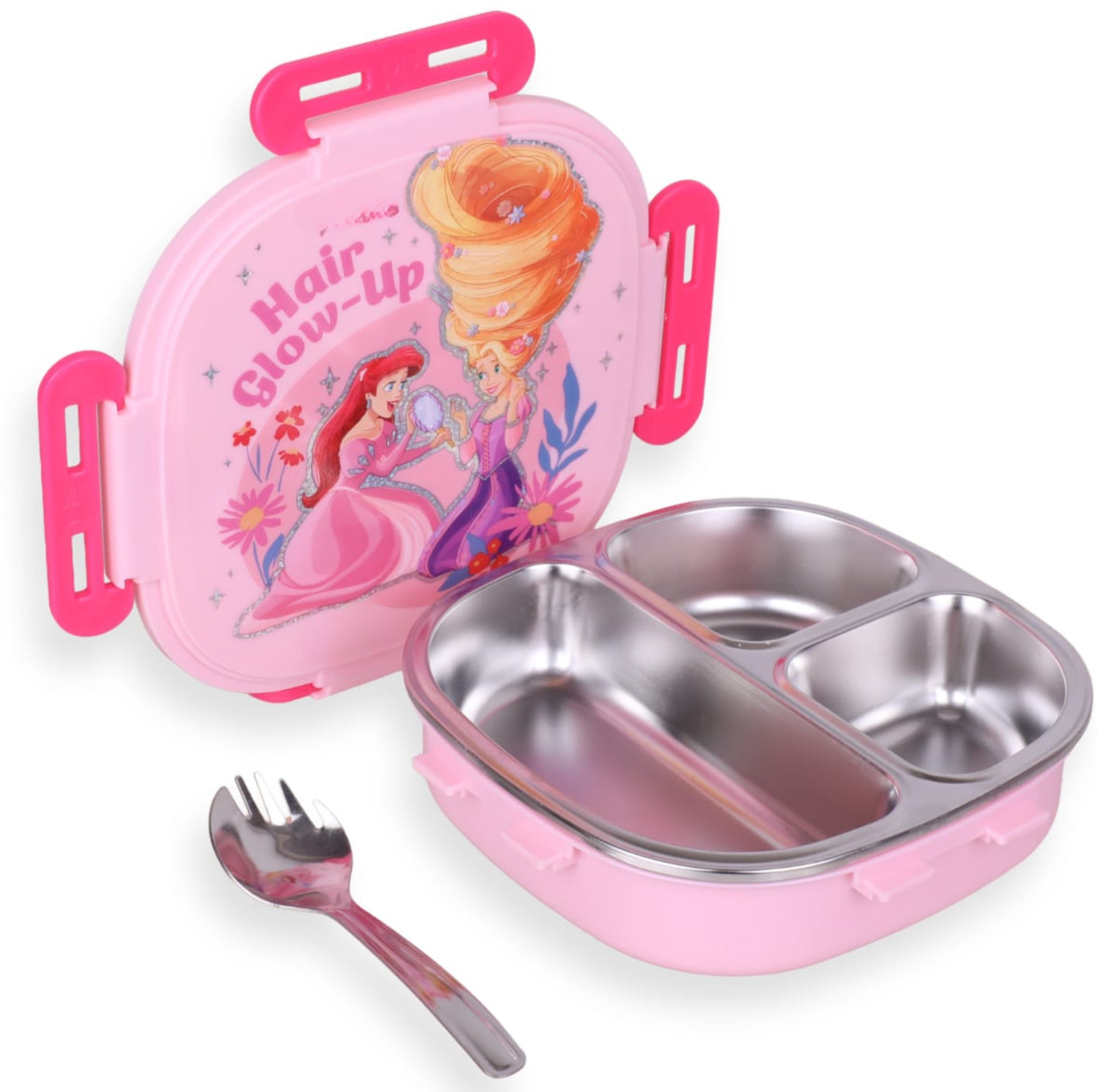 Image of Himanshi Plus Kids Princess Stainless Steel Lunch Box with Spoon | 3 Compartment Tiffin 3 Containers Stainless Steel School Lunch Box