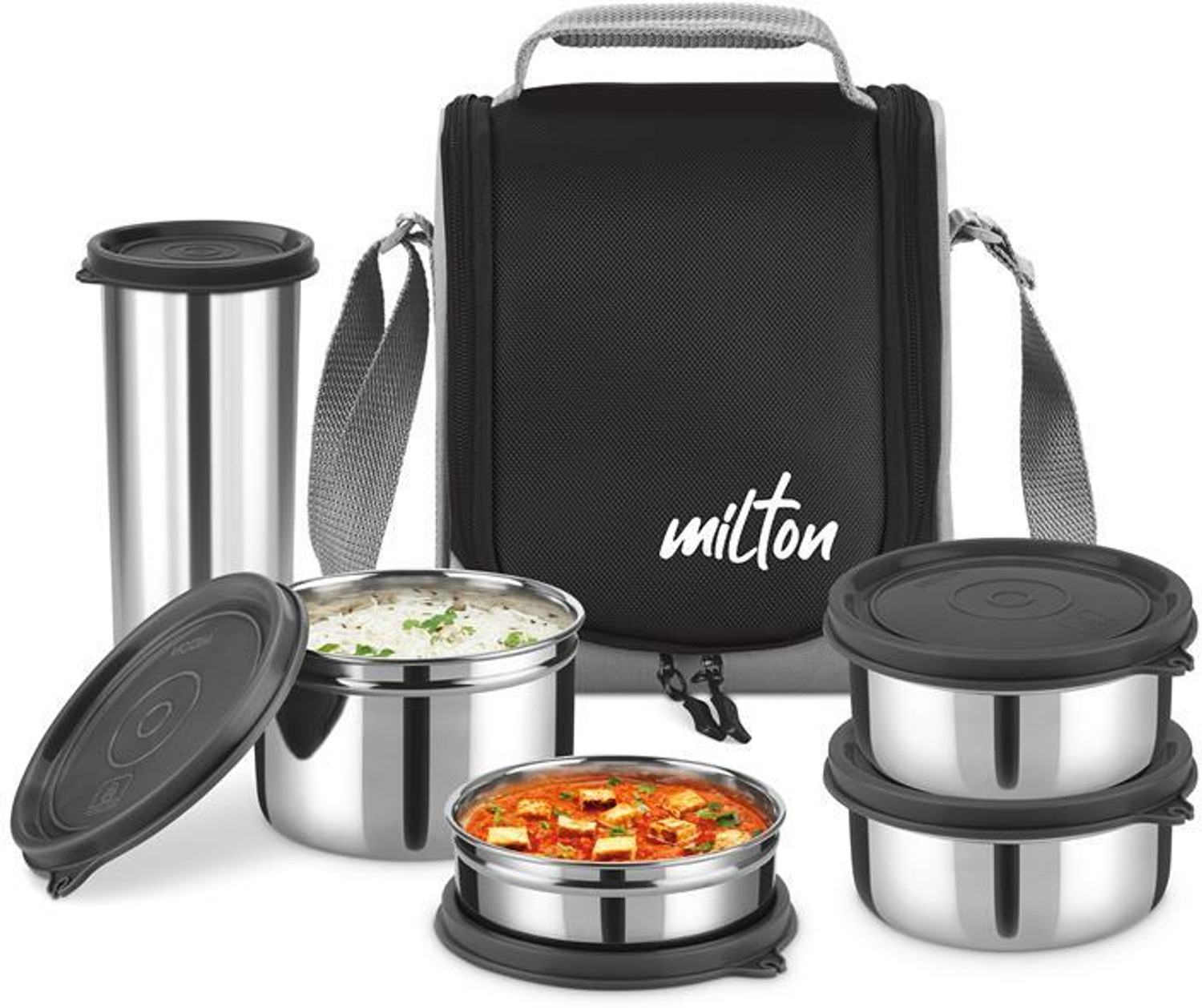 Image of MILTON Tasty 4 Stainless Steel Combo Lunch Box (200ml, 2 - 350ml Each, 500ml) & Tumbler 4 Containers Stainless Steel Office Lunch Box