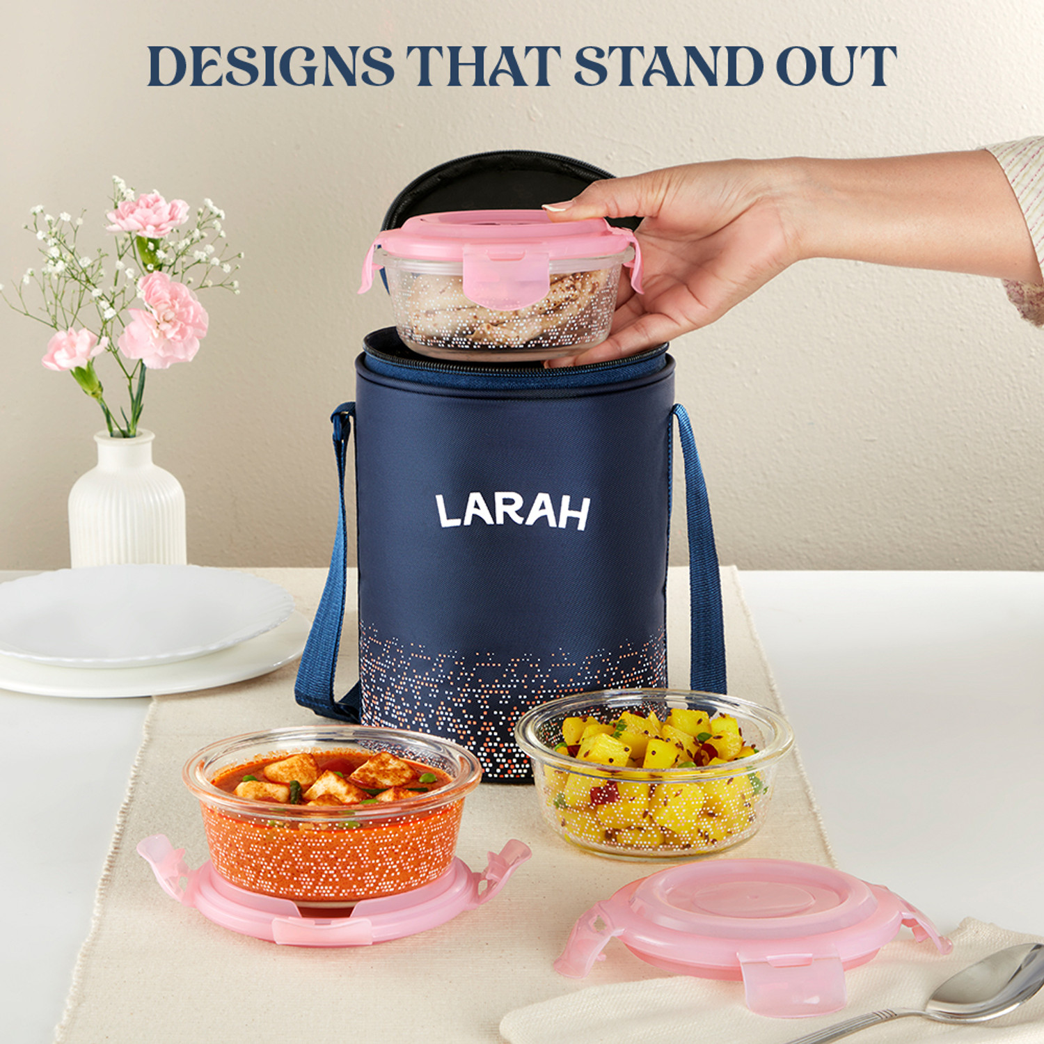 Image of Larah by Borosil Speckle Pink Borosilicate Glass Lunchbox, 3pc Round Set (400ml x 3) Tiffin 3 Containers Glass Office Lunch Box