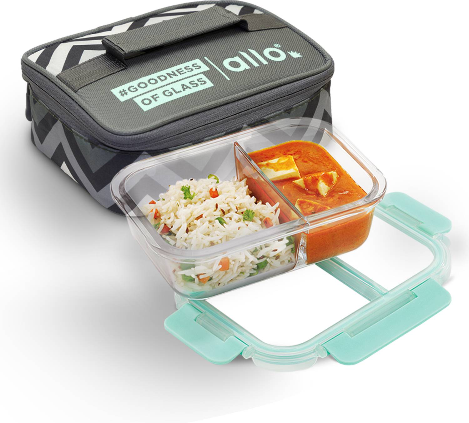 Allo Box,Microwave Safe Tiffin with Chevron Grey Lunch Bag, 1 Containers Glass Office Lunch Box