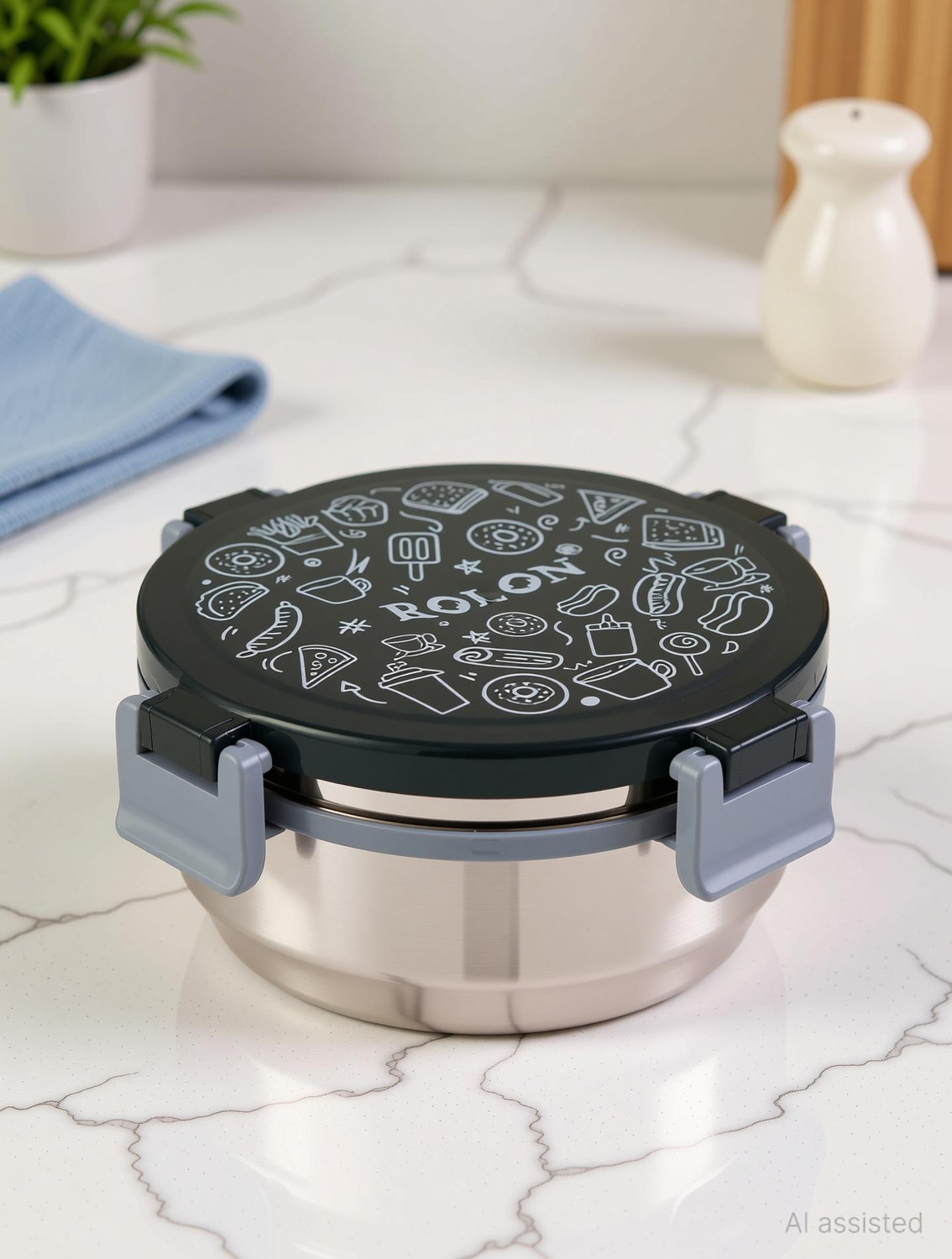 Image of ROLON FreshLock Stainless Steel Round Lunch Box with Leak-resistent Locking Lid| 1 Containers Stainless Steel College Lunch Box
