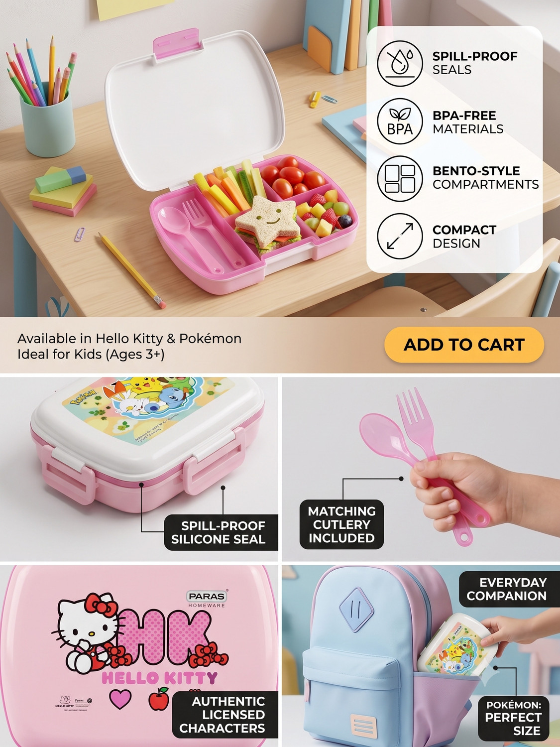 Image of ZEN CARTOPIA Kids Cartoon School Bento Lunch Box 1 Containers Plastic School Lunch Box
