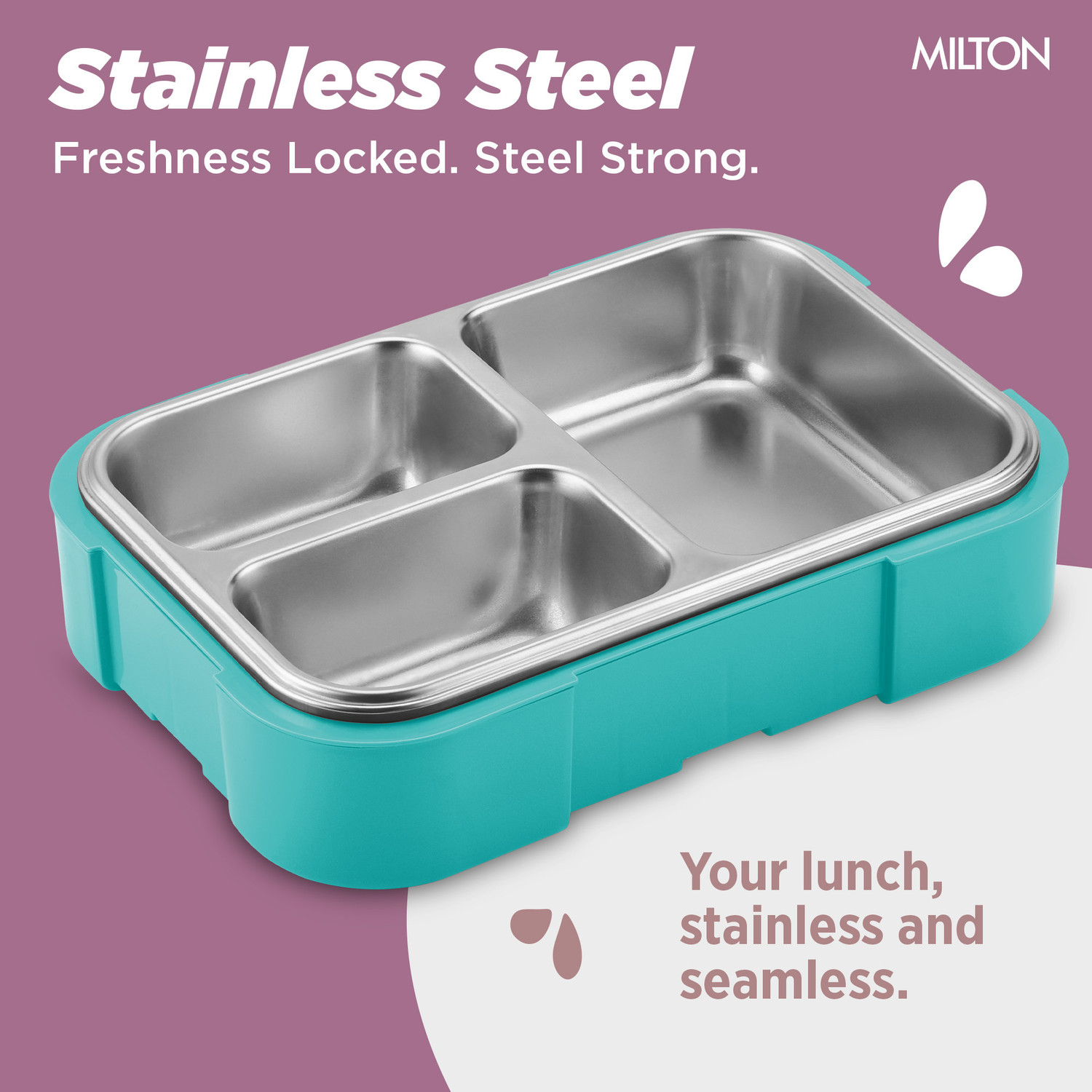 Image of MILTON Ethan 3 Inner Stainless Steel Tiffin Box, 3 Partition, 600 ml, Aqua Green 2 Containers Stainless Steel School Lunch Box