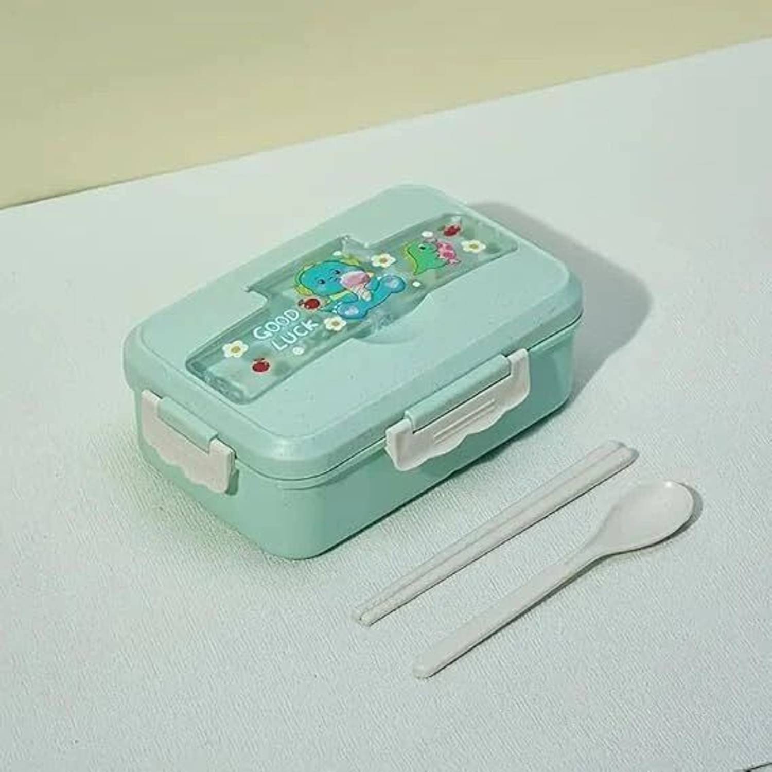 CherryBox 3 Compartment Wheat Straw Cartoon Lunch Box & Spoon with Cutlery Compartment 1 Containers Plastic School Lunch Box