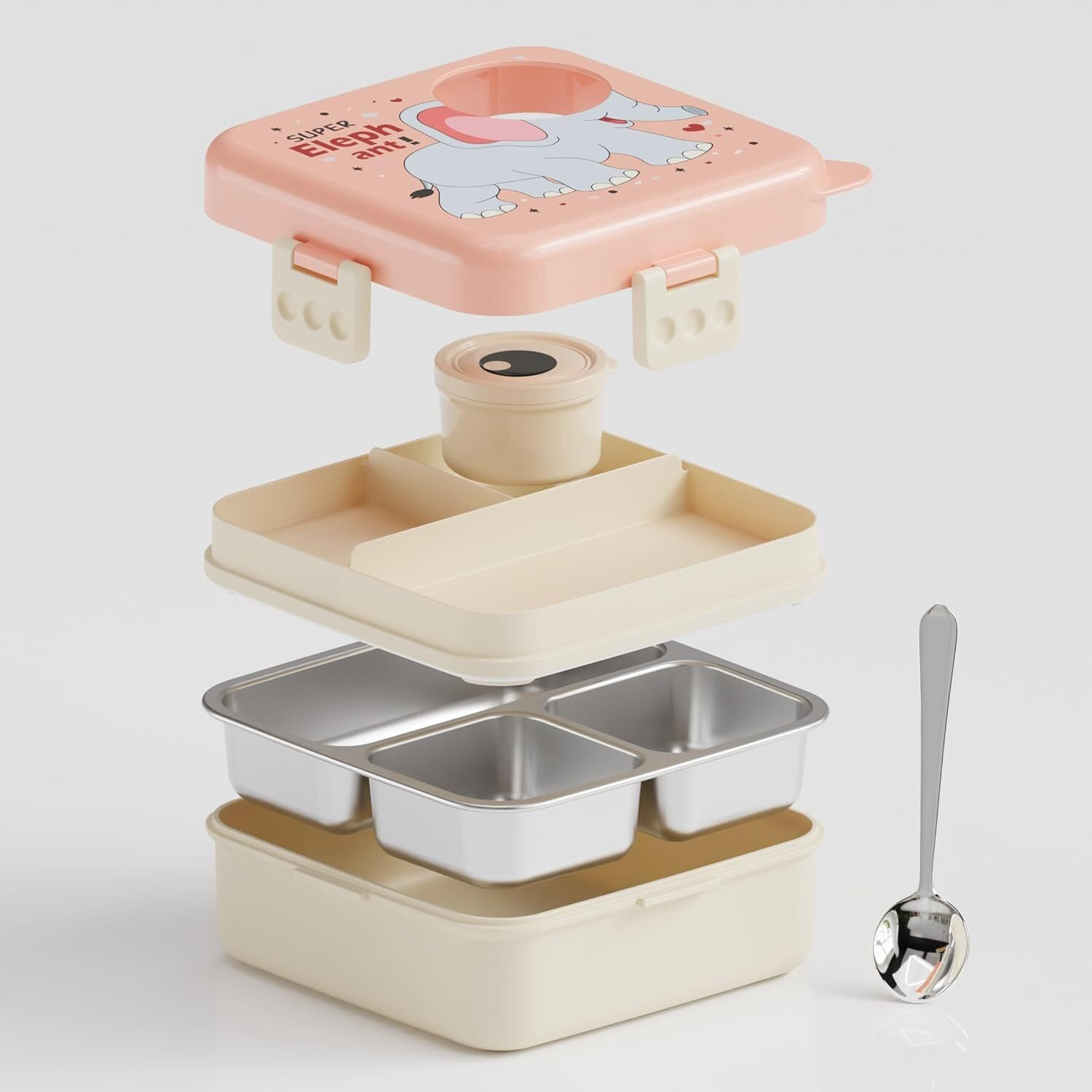 Image of gravity Elephant Shape Stainless Steel 4 Compartment Big Lunch Box 3 Containers Stainless Steel Office Lunch Box