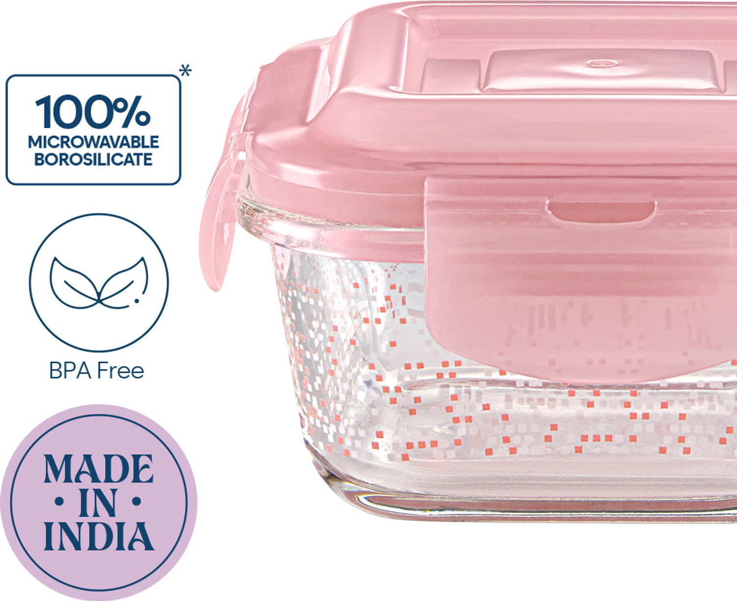 Image of Larah by Borosil Speckle Pink Borosilicate Glass Tiffin, (320ml x 2) Horizontal, Square 2 Containers Glass Office Lunch Box