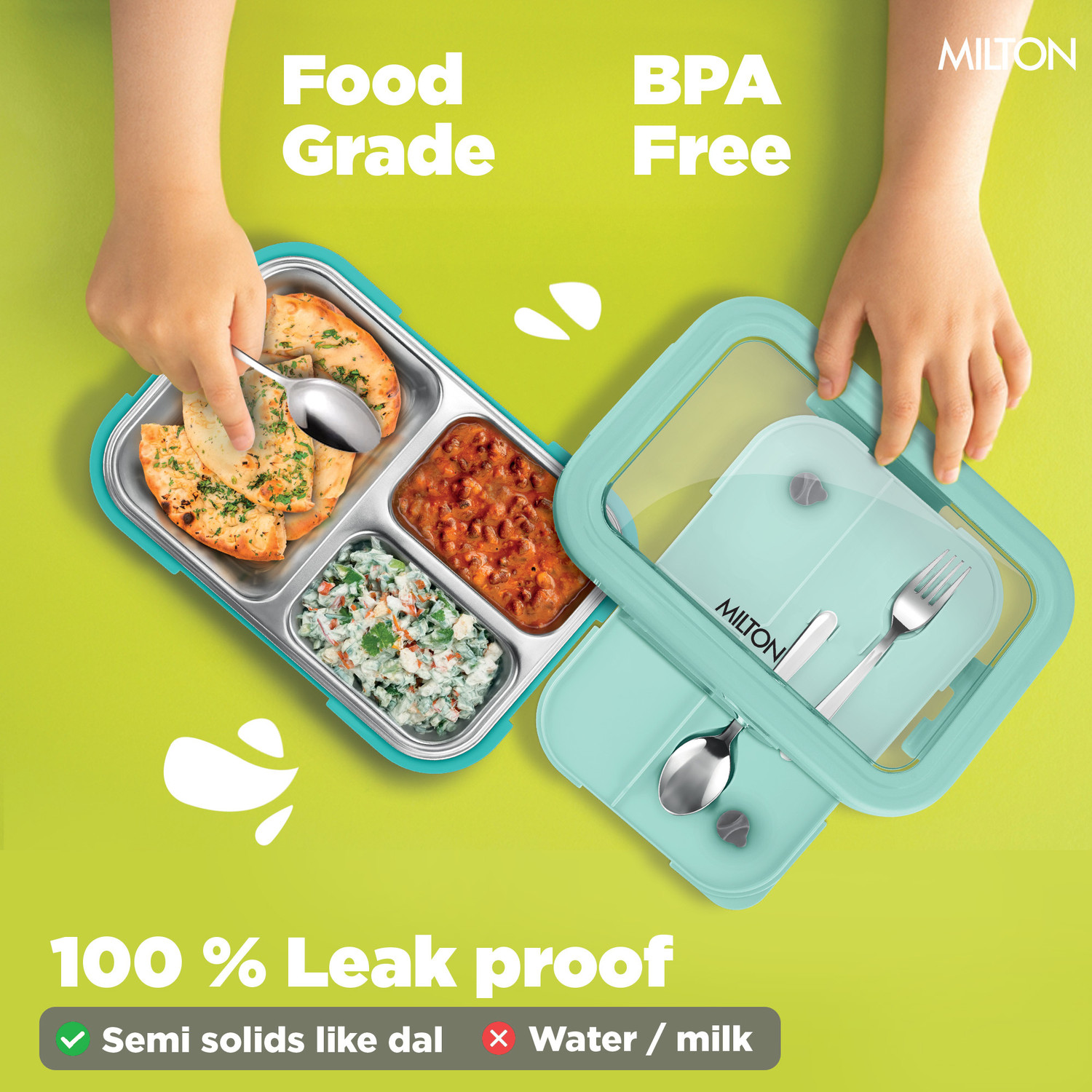 Image of MILTON Ethan 3 Inner Stainless Steel Tiffin Box, 3 Partition, 600 ml, Aqua Green 2 Containers Stainless Steel School Lunch Box