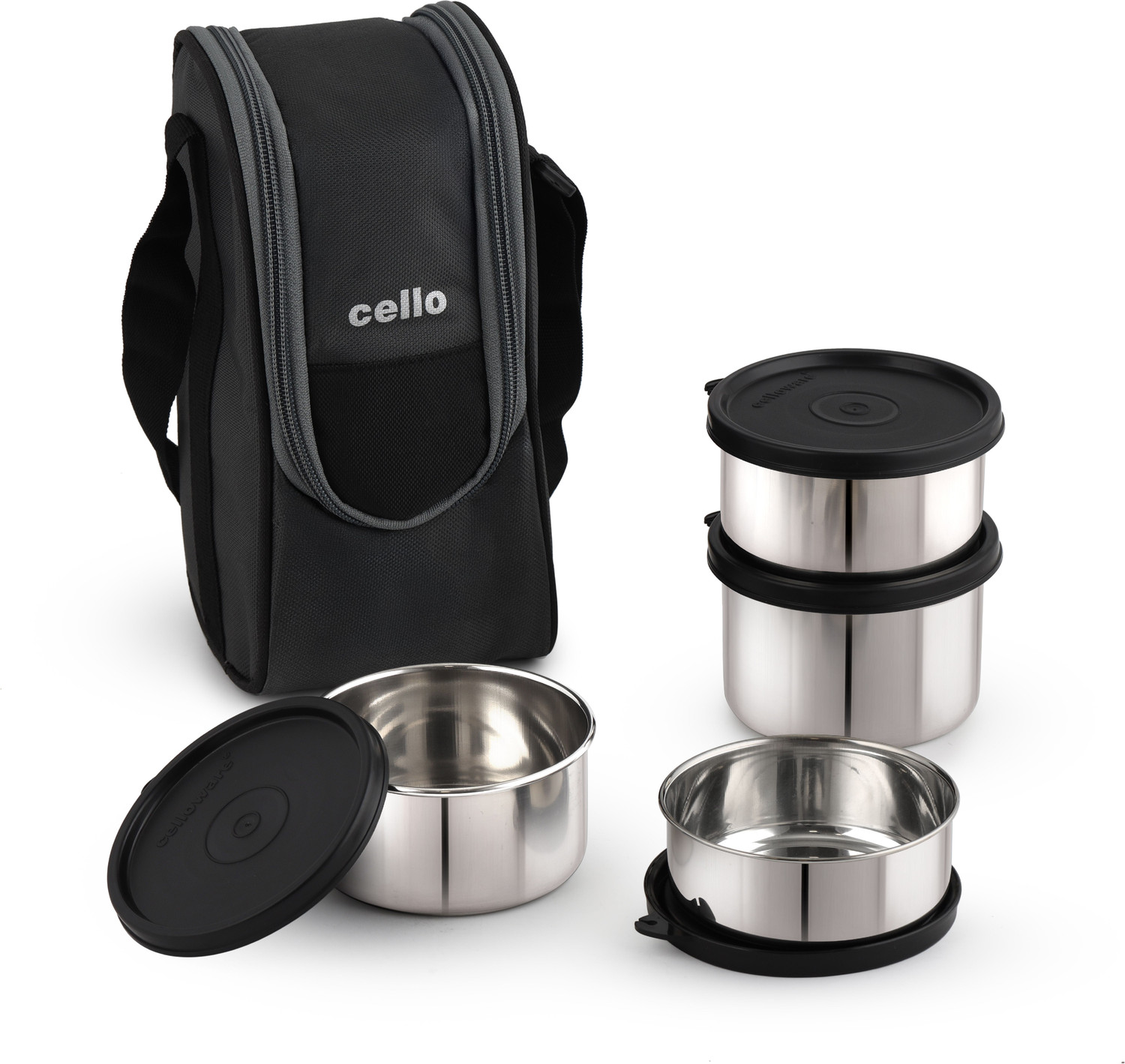 Image of cello Steelox Black Set of 4 (225ml, 375ml, 2 x 550ml) Containers with Bag 4 Containers Stainless Steel Office Lunch Box