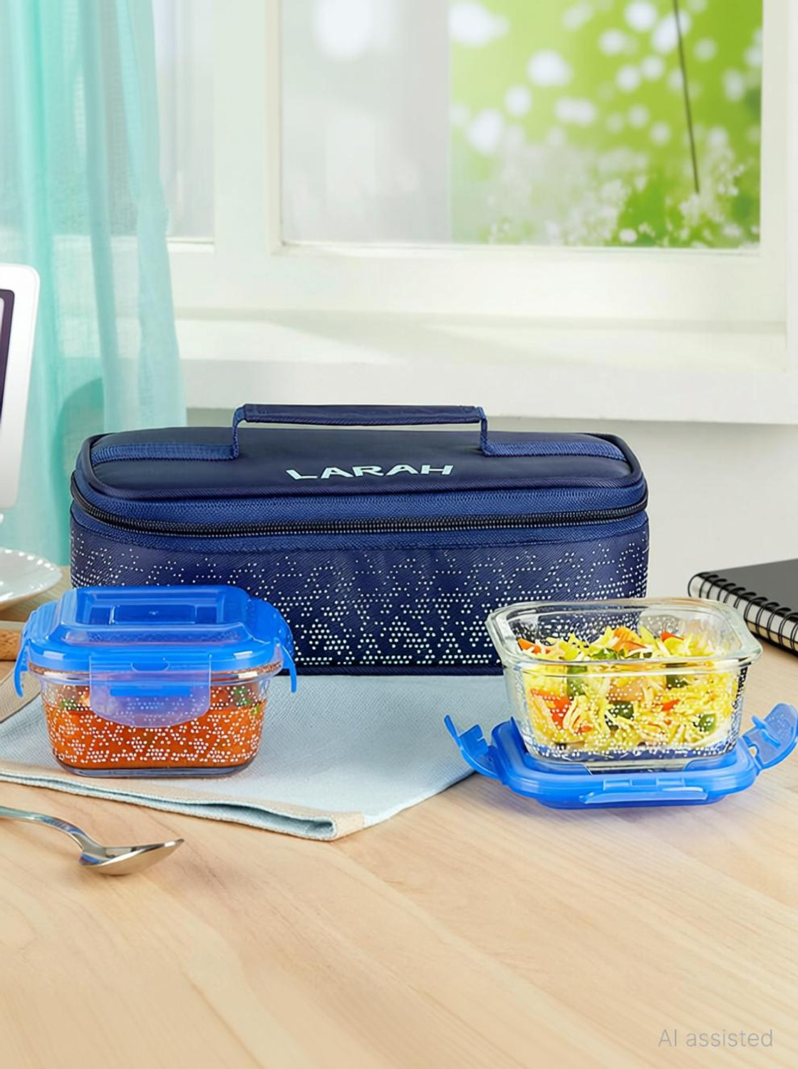 Image of Larah by Borosil Speckle Blue Borosilicate Glass Lunchbox, 2pc Square Set (320ml x 2) Horizontal 2 Containers Glass Office Lunch Box