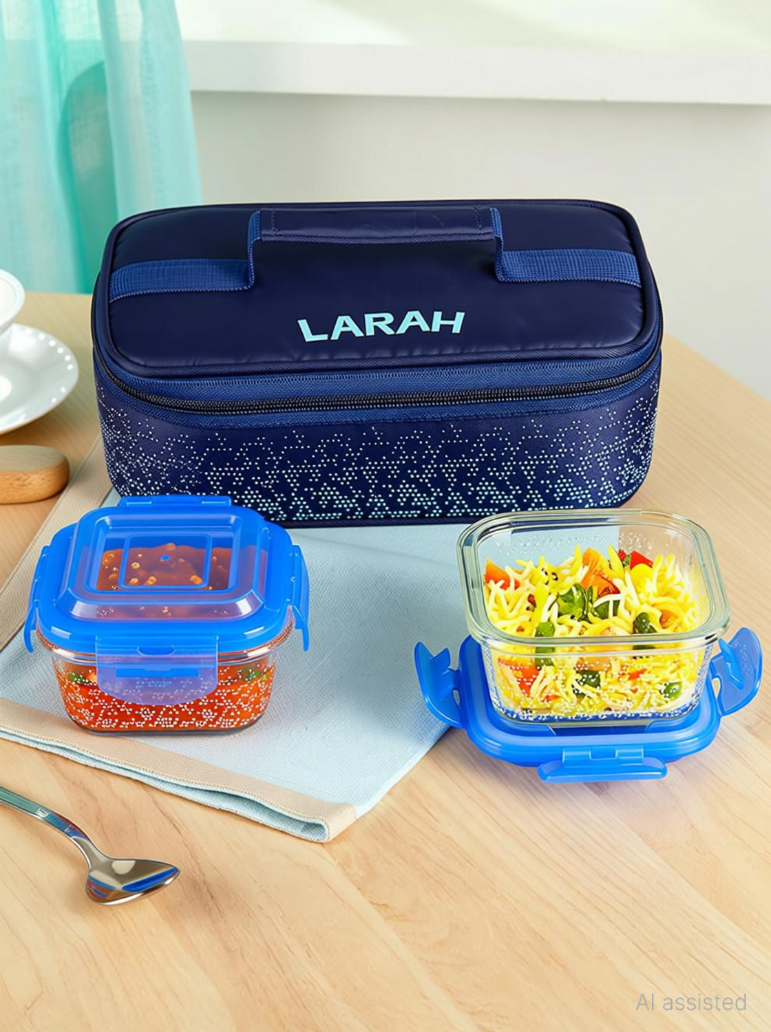 Image of Larah by Borosil Speckle Blue Borosilicate Glass Lunchbox, 2pc Square Set (320ml x 2) Horizontal 2 Containers Glass Office Lunch Box