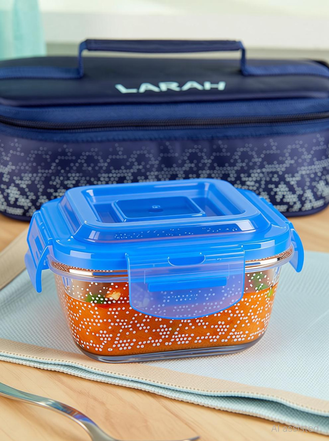 Image of Larah by Borosil Speckle Blue Borosilicate Glass Lunchbox, 2pc Square Set (320ml x 2) Horizontal 2 Containers Glass Office Lunch Box