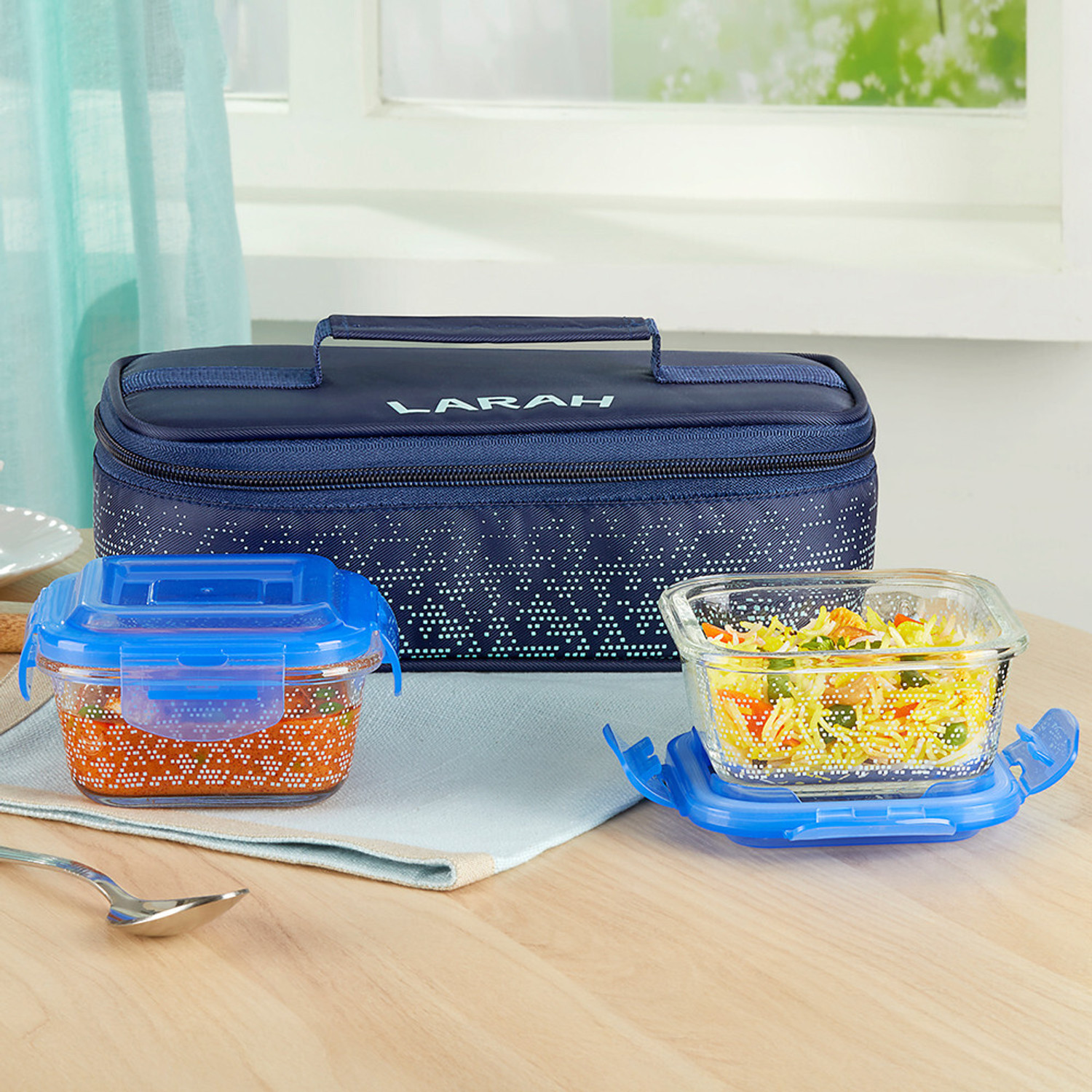 Image of Larah by Borosil Speckle Blue Borosilicate Glass Lunchbox, 2pc Square Set (320ml x 2) Horizontal 2 Containers Glass Office Lunch Box