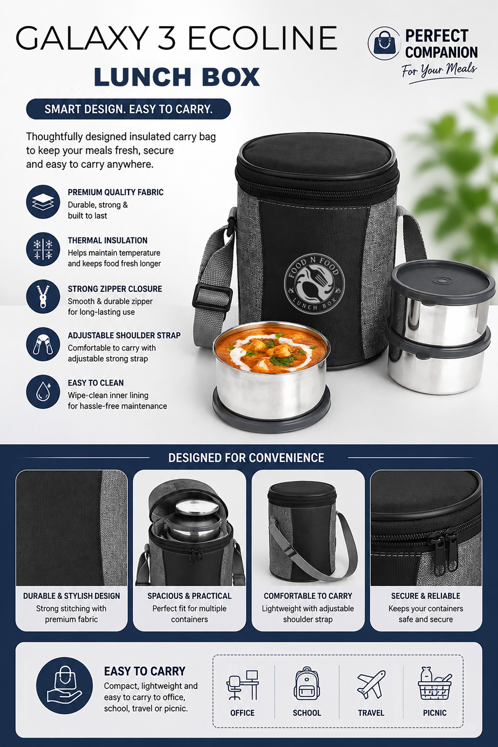 Image of FOODNFOOD Ecoline steel containers (330 ml each) 3 Containers Office Lunch Box (1000 ml) 3 Containers Plastic, Stainless Steel Office Lunch Box