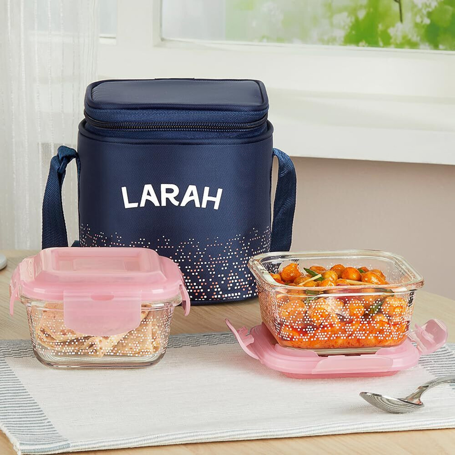 Image of Larah by Borosil Speckle Pink Borosilicate Glass Tiffin, (320ml x 2) Vertical, Square 2 Containers Glass Office Lunch Box
