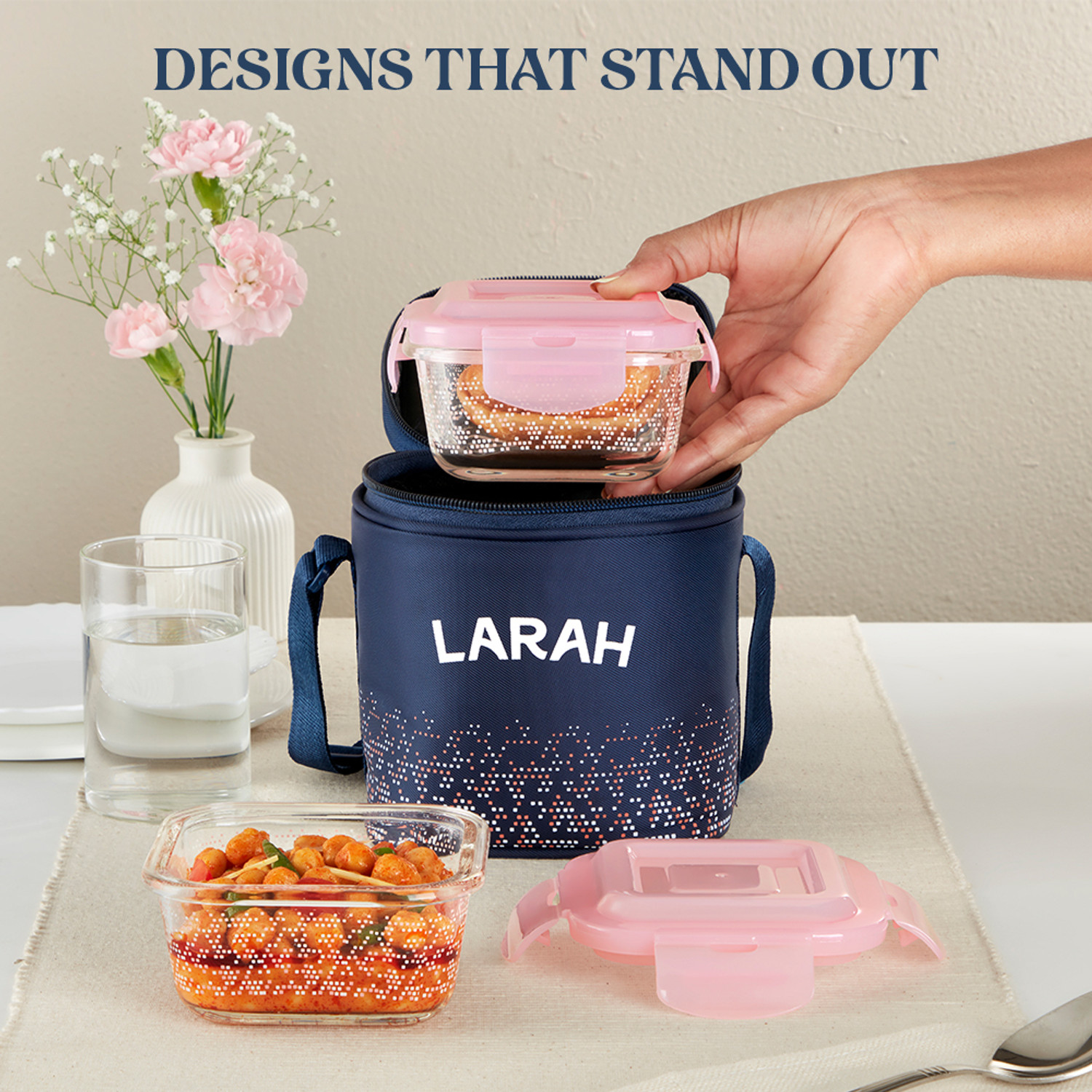 Image of Larah by Borosil Speckle Pink Borosilicate Glass Tiffin, (320ml x 2) Vertical, Square 2 Containers Glass Office Lunch Box