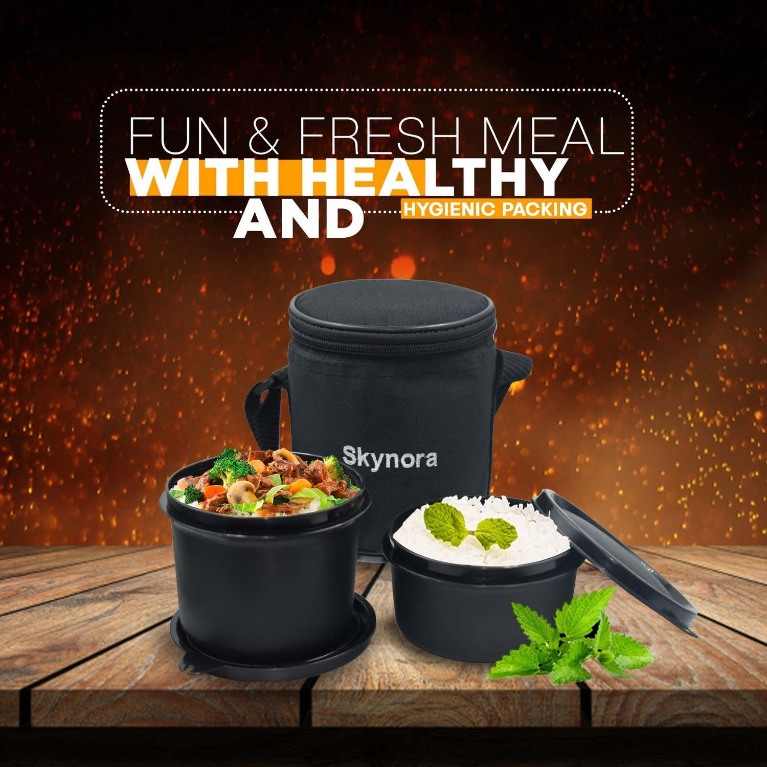 Image of SKYNORA Executive Stainless Steel Lunch Box Set of 2, black (1100-ml) 2 Containers Stainless Steel Office Lunch Box