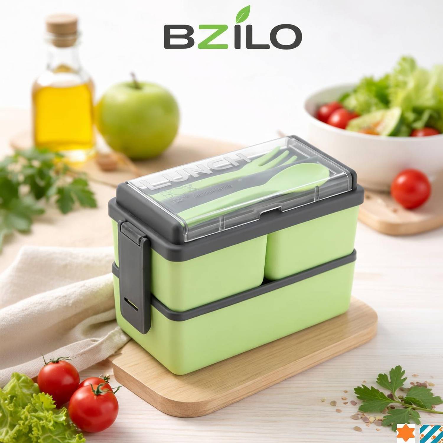 BZILO Lunch Box with 3 Detachable Box Spoon & fork for Office & School Multicolor A15 3 Containers Polypropylene School Lunch Box