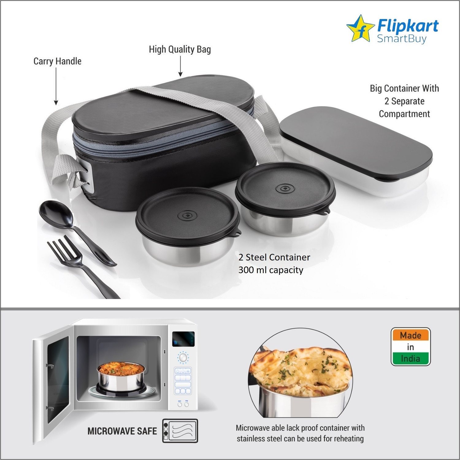 Image of Flipkart SmartBuy LUNCHBOX WITH 2 STEEL CONTAINER 3 Containers Stainless Steel Office Lunch Box